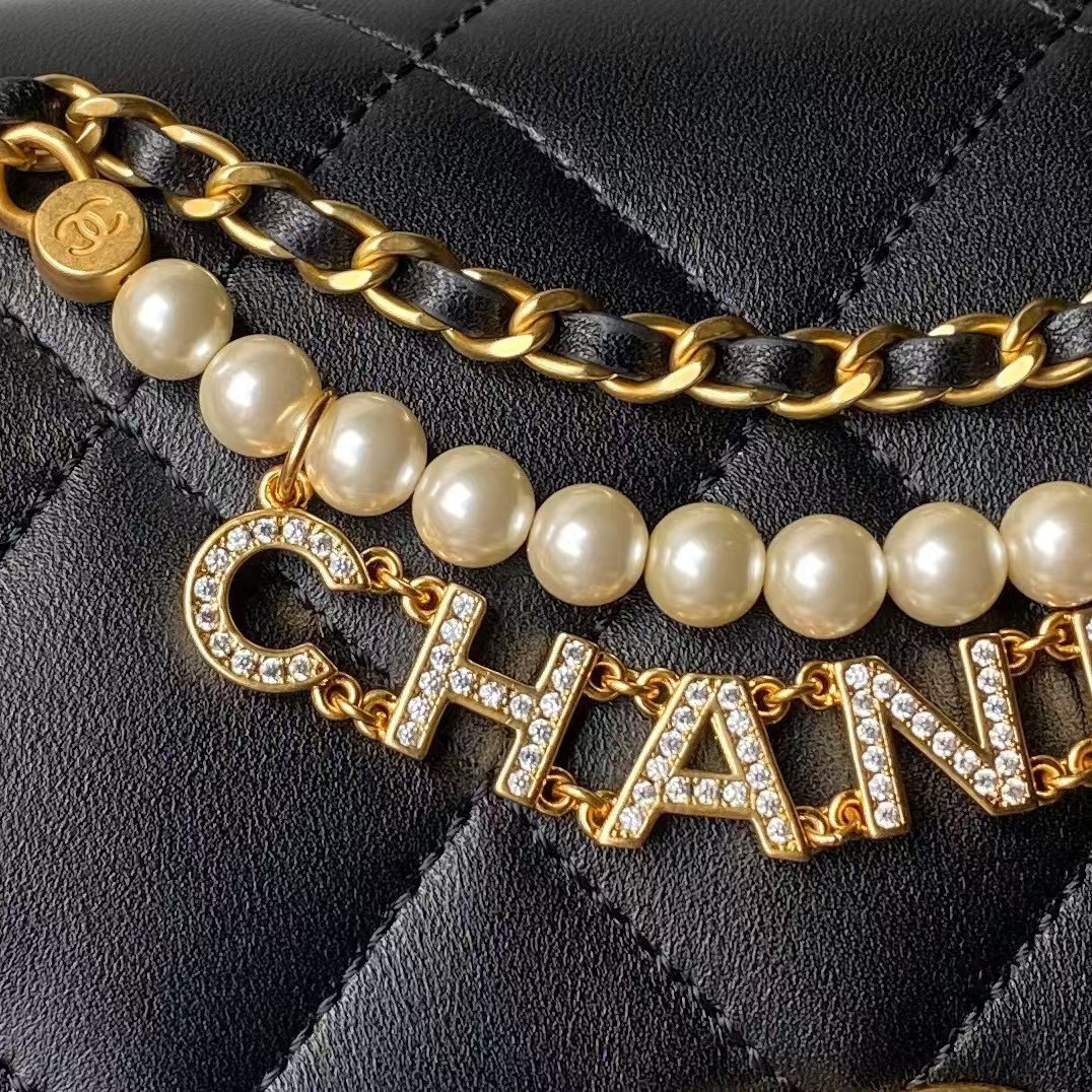 Replicate Chanel AS4986 Mini Flap bag Shiny Lambskin Imitation Pearls   Gold-Tone Metal Black(1:1 replica)