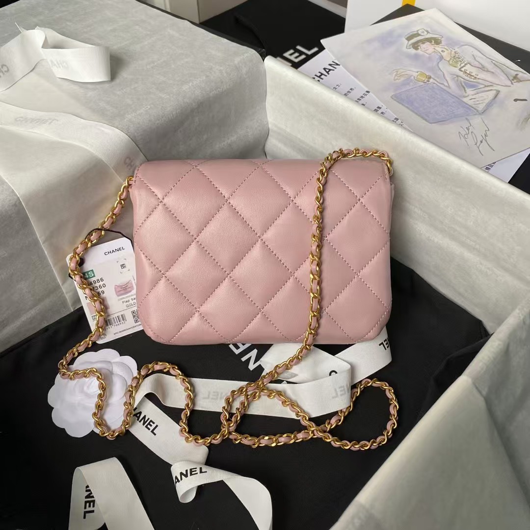 Replicate Chanel AS4986 Mini Flap bag Shiny Lambskin Imitation Pearls Gold-Tone Metal Pink(1:1 replica)