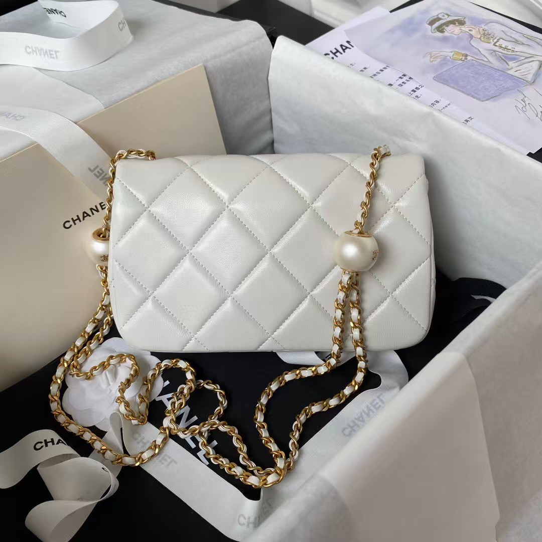 Replicate Chanel AS4861 Small Flap Bag Pearl Lambskin Faux Pearl Gold Metal White(1:1 replica)