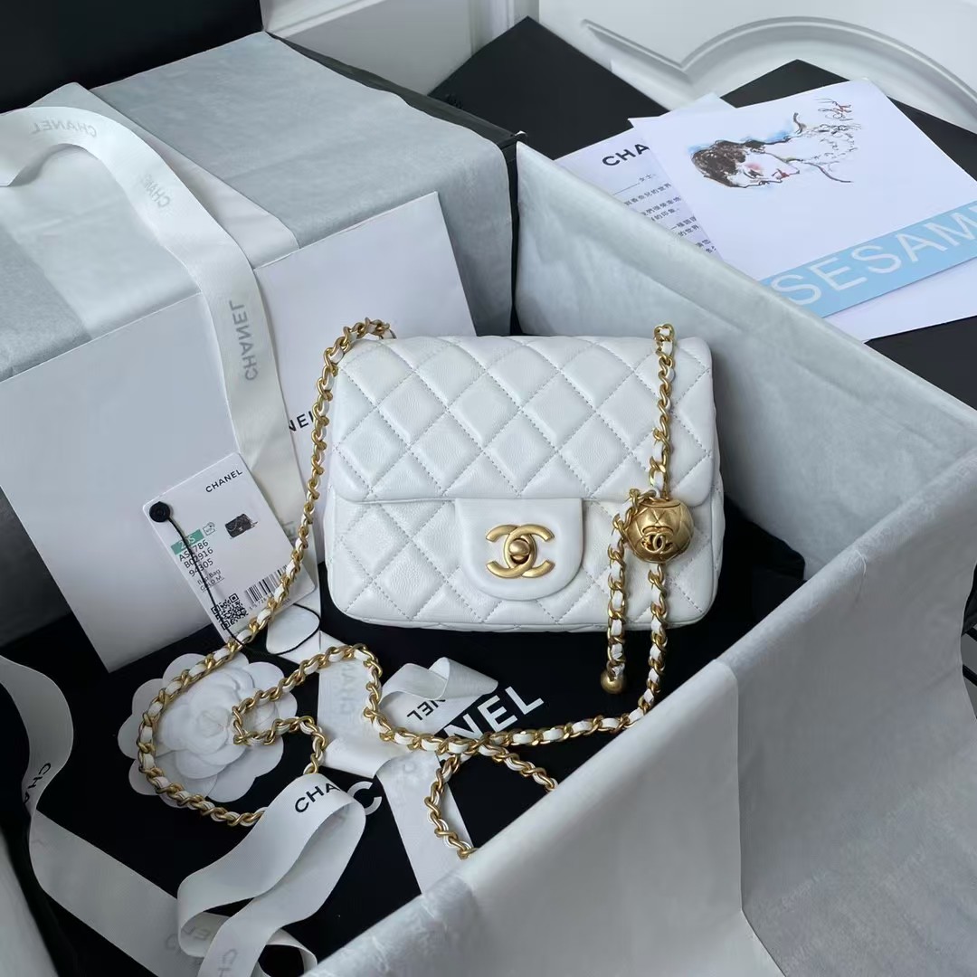 Replicate Chanel 23C AS1786 Mini Square Pearl Embossed Flap Bag Antique Gold Hardware White(1:1 replica)