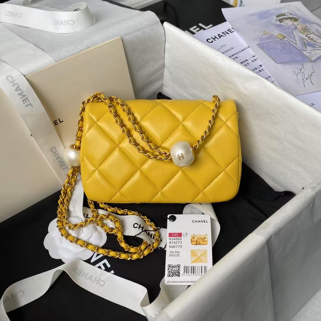 Replicate Chanel AS4868 Mini Flap Bag Pearl Lambskin Faux Pearl Gold Metal Yellow(1:1 replica)