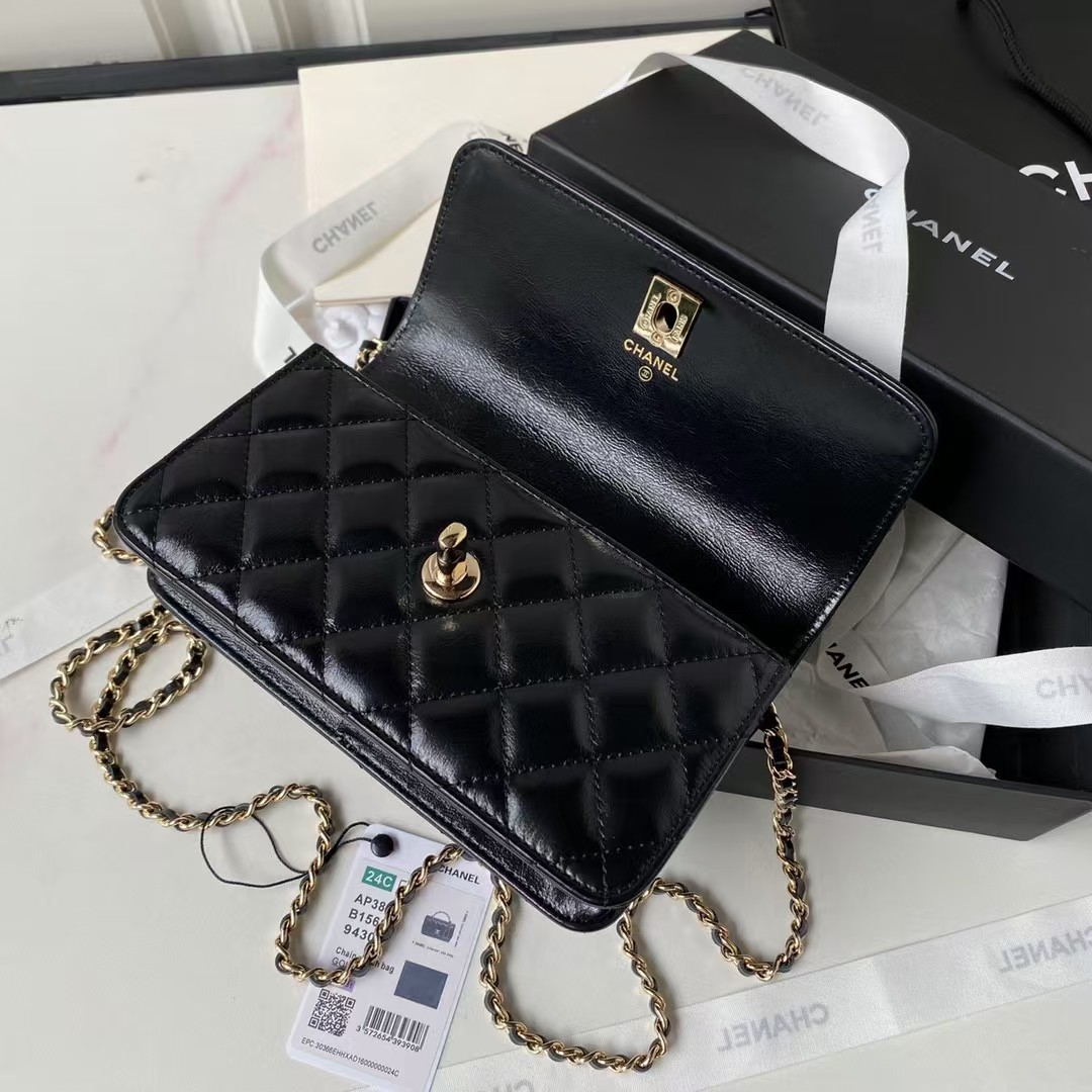 Replicate Chanel 24P AP3803 Shiny Crinkled Lambskin Chain Clutch Pearl Handle Black(1:1 replica)