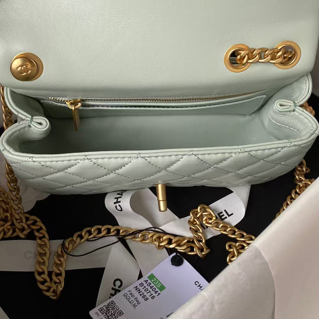 Replicate Chanel 23S AS4041 Mini Camellia Embossed Rectangular Flap Bag Antique Gold Hardware Light Green(1:1 replica)