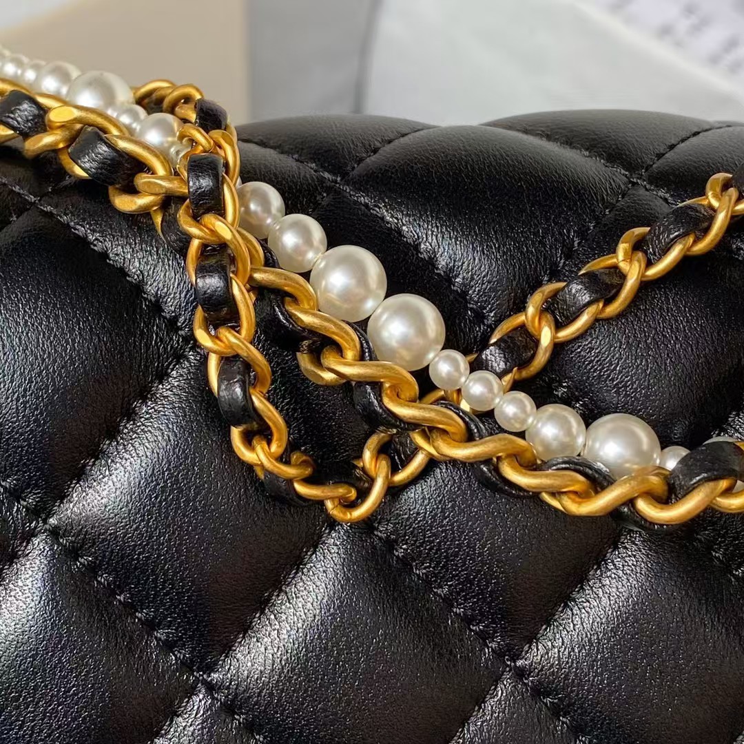 Replicate Chanel AS4385 Mini Flap Bag Pearl Lambskin Faux Pearl   Gold Metal Black(1:1 replica)