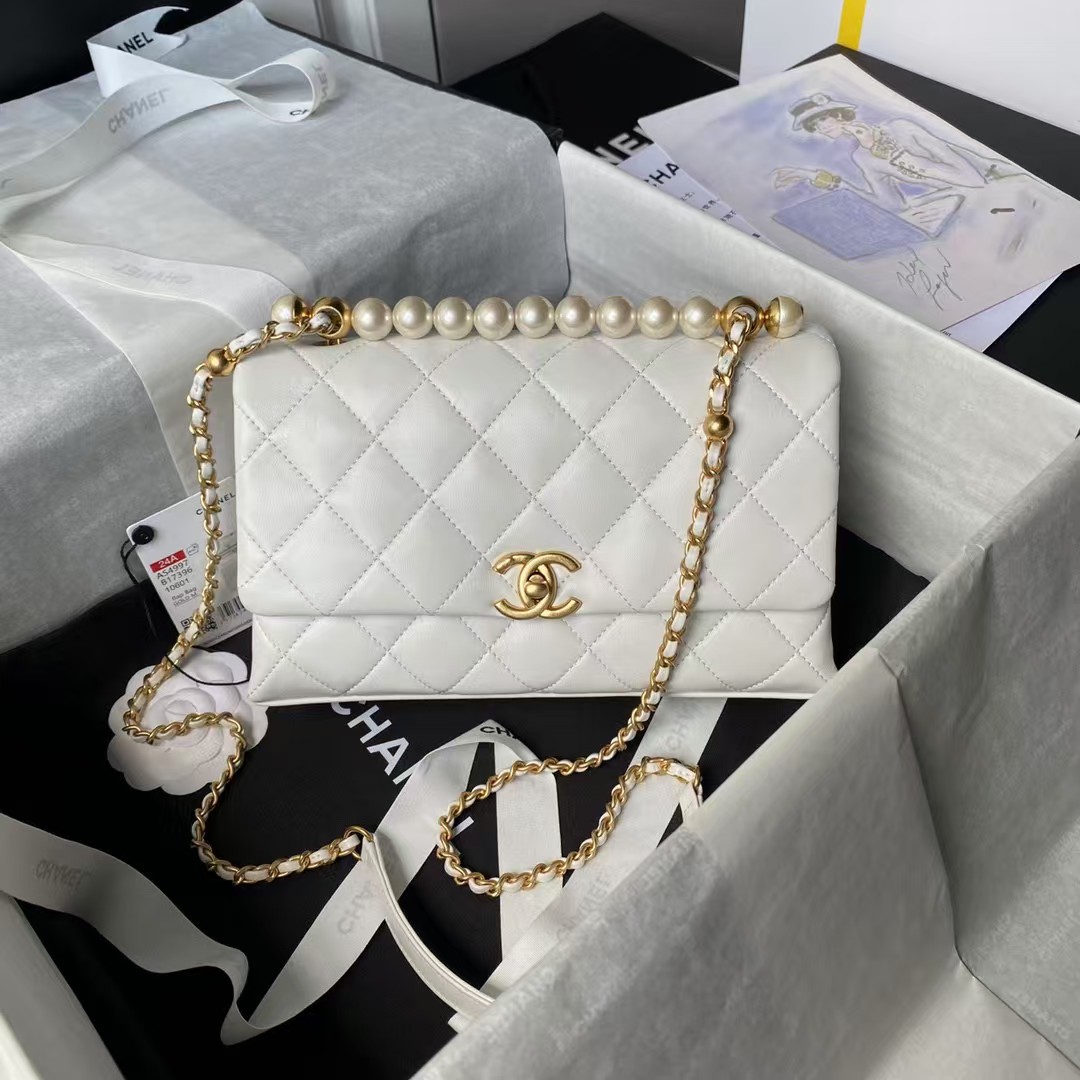 Replicate Chanel AS4997 Flap Bag Top Handle Shiny Lambskin Imitation Pearl Gold Metal White(1:1 replica)