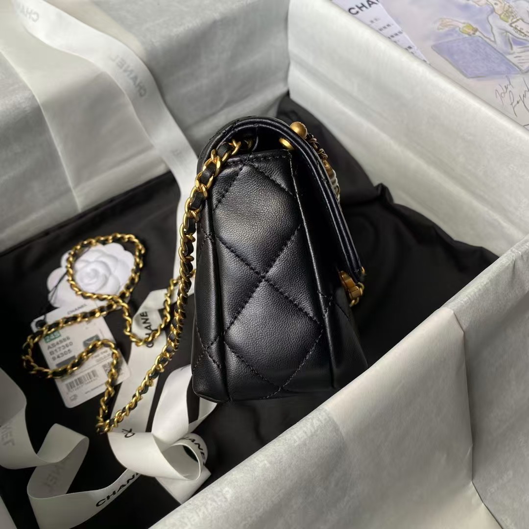 Replicate Chanel AS4986 Mini Flap bag Shiny Lambskin Imitation Pearls   Gold-Tone Metal Black(1:1 replica)