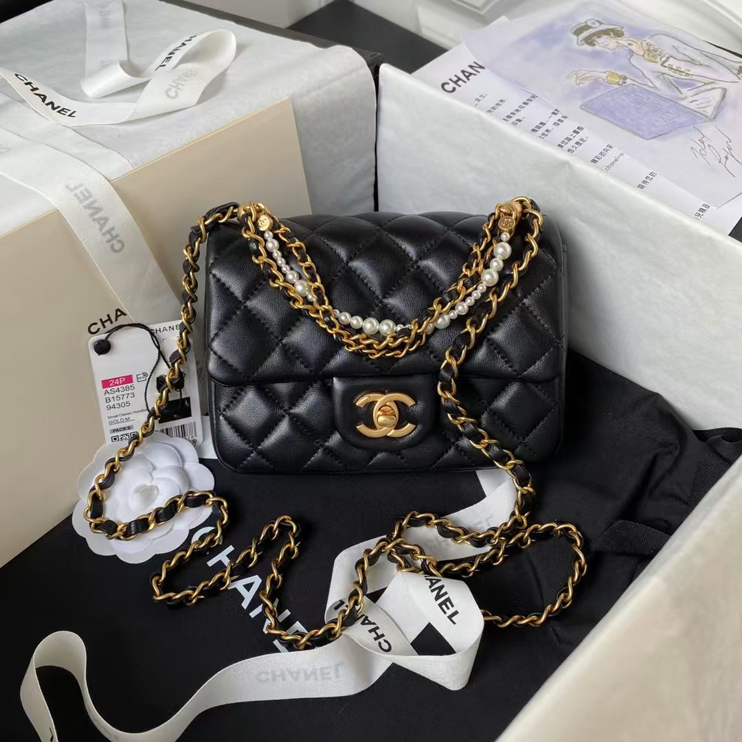 Replicate Chanel AS4385 Mini Flap Bag Pearl Lambskin Faux Pearl Gold Metal Black(1:1 replica)