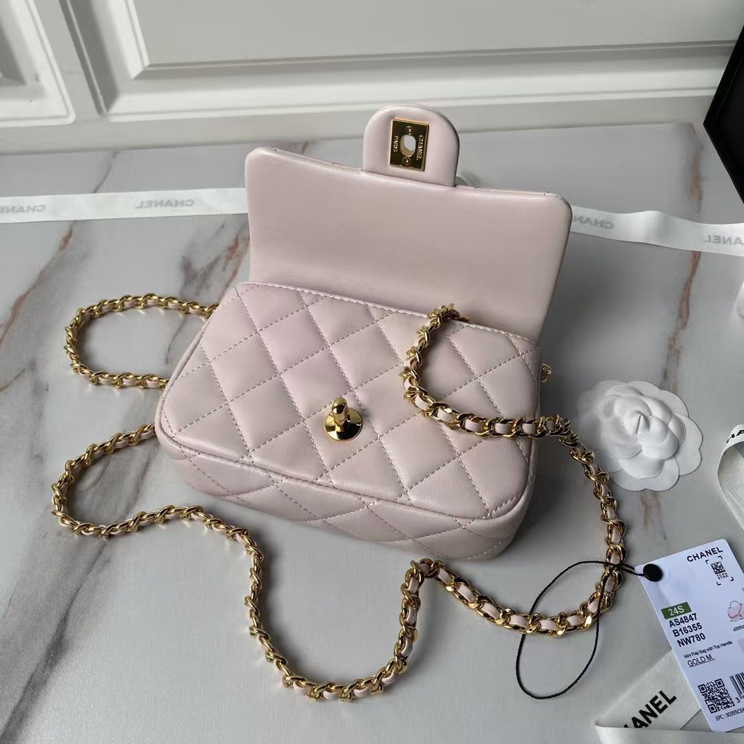 Replicate Chanel AS4847 Mini Flap Bag With Top Handle Lambskin Resin Pink(1:1 replica)
