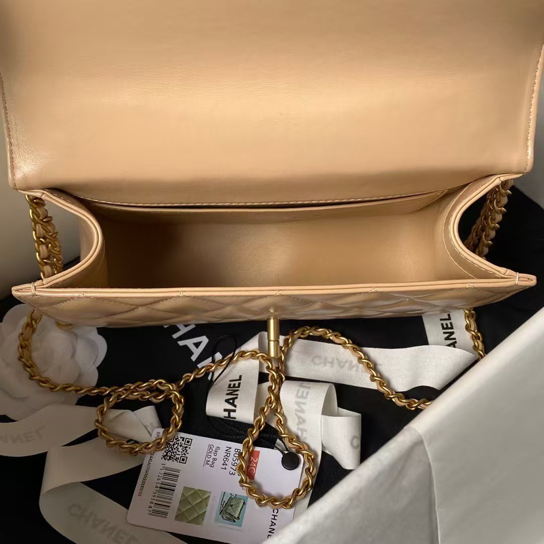 Replicate Chanel AS2649 Chain Bag With Gold Charm Small Vintage Calfskin Bag Beige(1:1 replica)