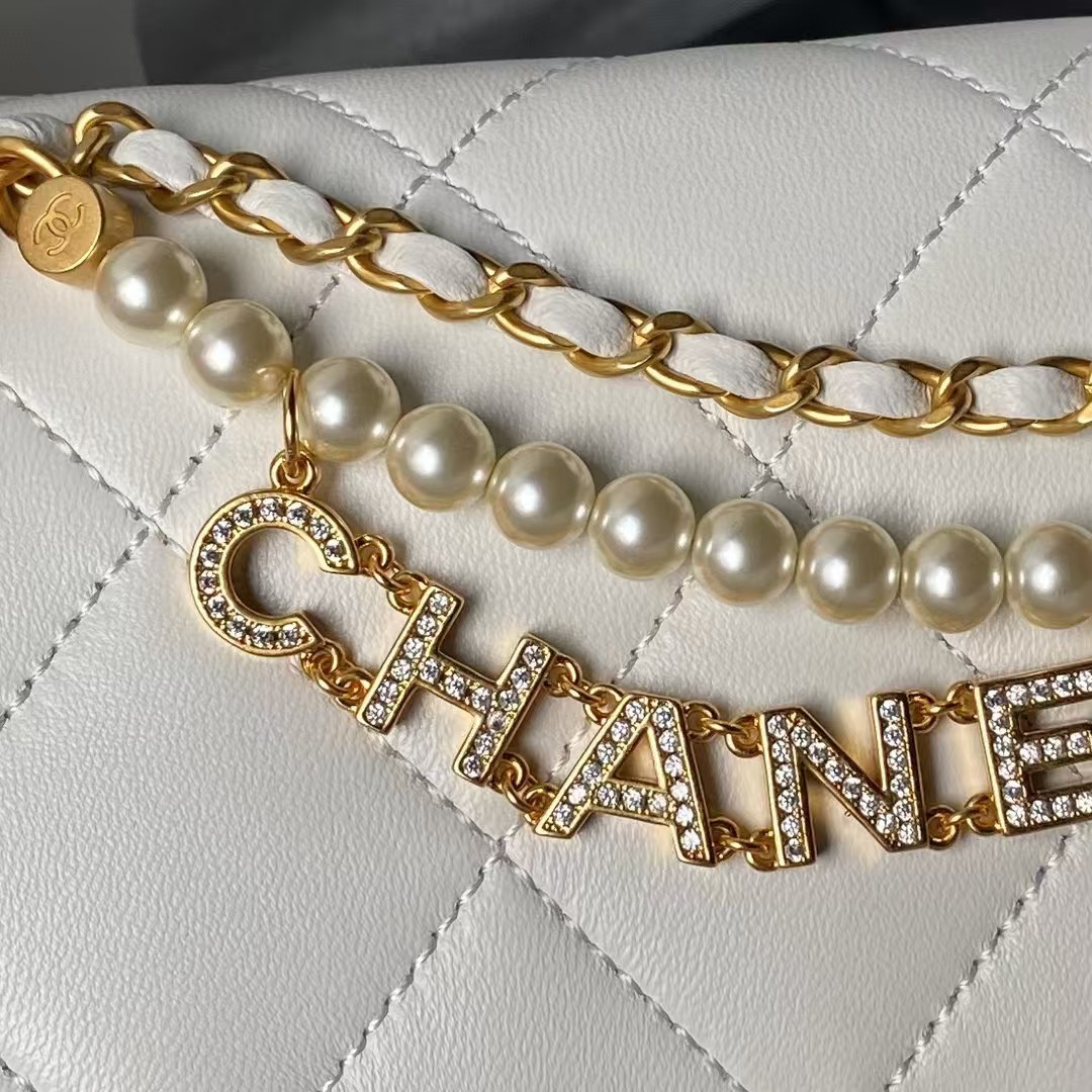 Replicate Chanel AS4986 Mini Flap bag Shiny Lambskin Imitation Pearls   Gold-Tone Metal White(1:1 replica)