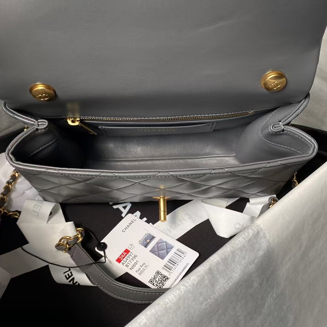 Replicate Chanel AS4997 Flap Bag Top Handle Shiny Lambskin Imitation Pearl   Gold Metal Grey(1:1 replica)