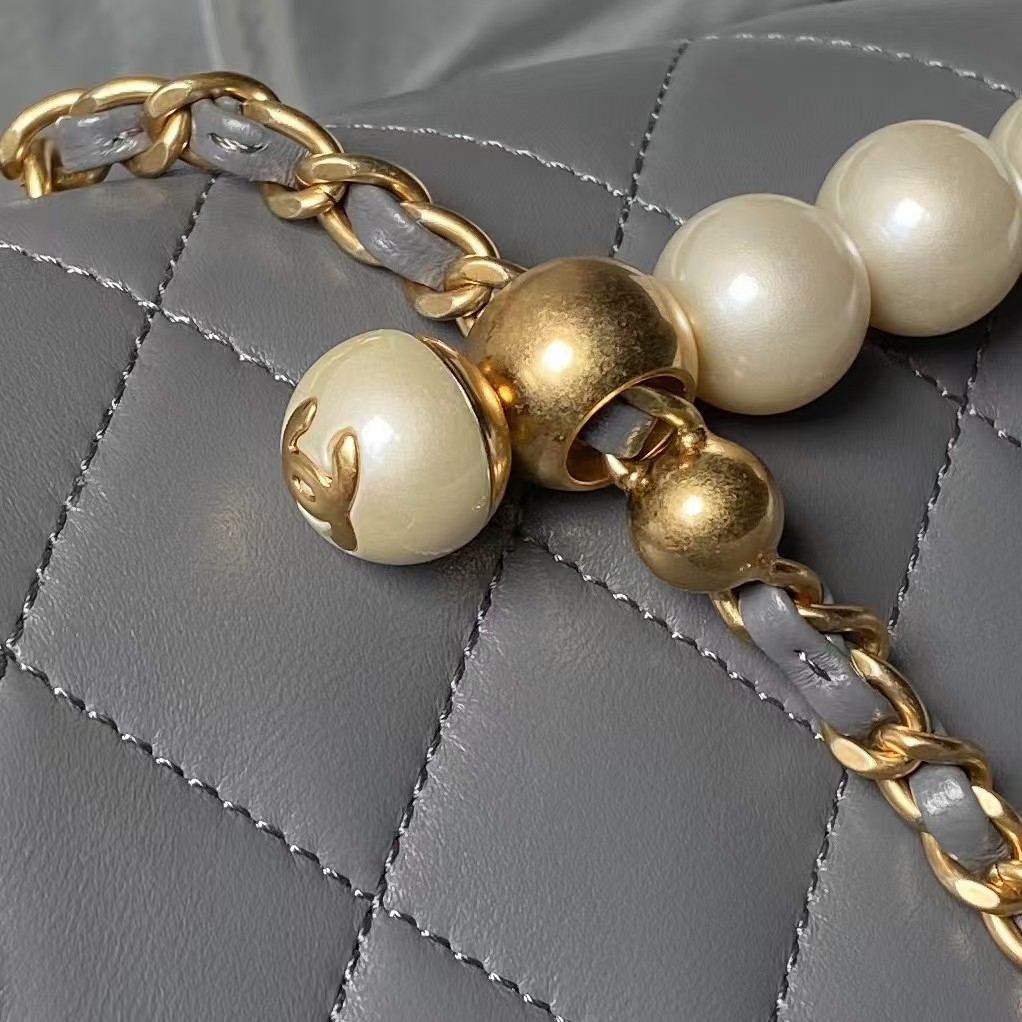 Replicate Chanel AS4997 Flap Bag Top Handle Shiny Lambskin Imitation Pearl   Gold Metal Grey(1:1 replica)
