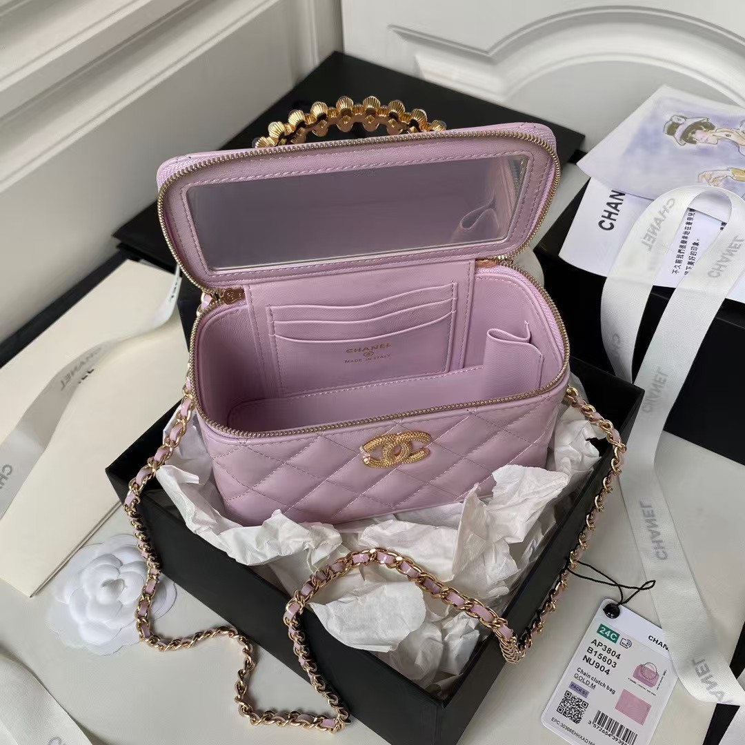 Replicate Chanel AP3804 Lambskin Cosmetic Bag With Pearl Handle Pink Purple(1:1 replica)