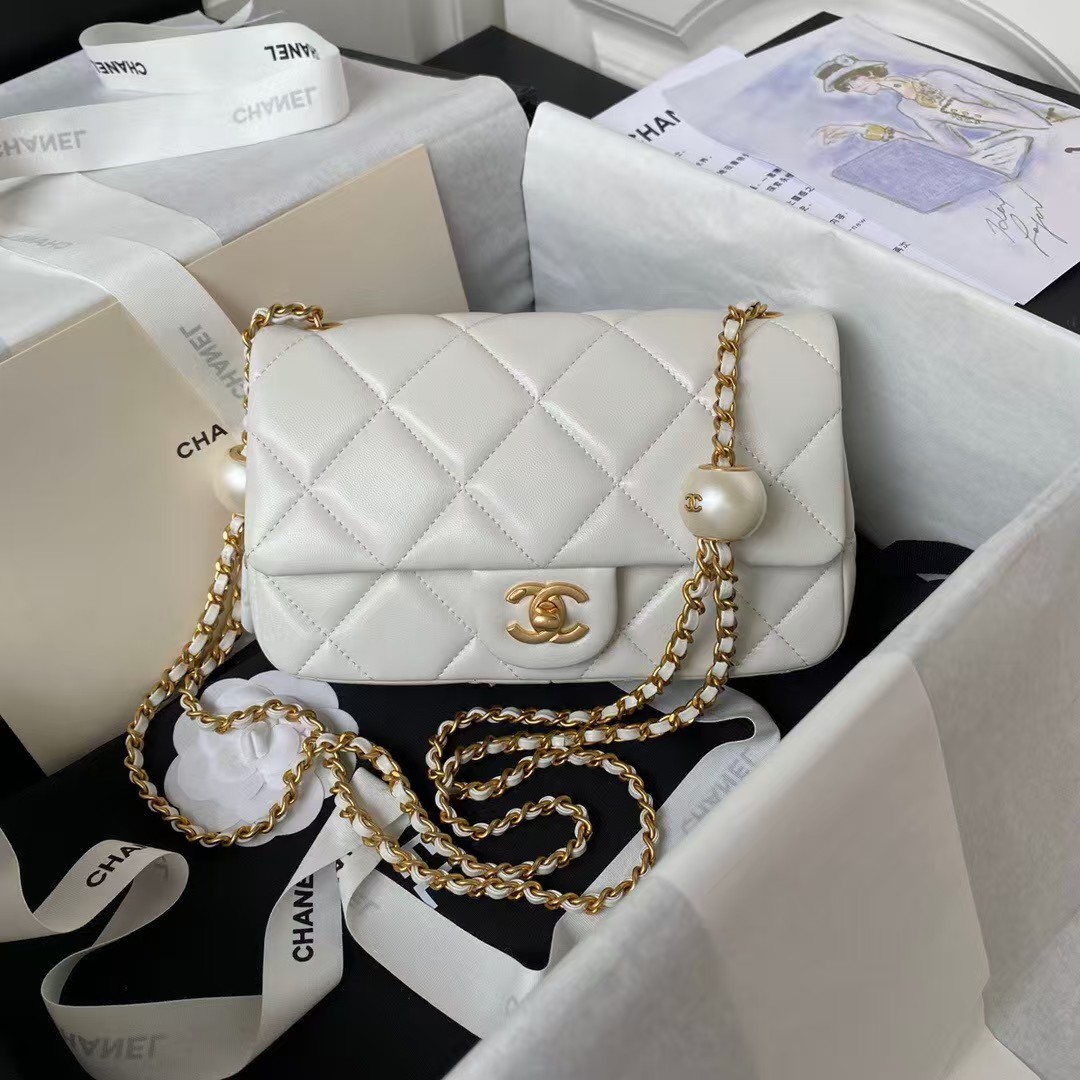 Replicate Chanel AS4861 Small Flap Bag Pearl Lambskin Faux Pearl Gold Metal White(1:1 replica)