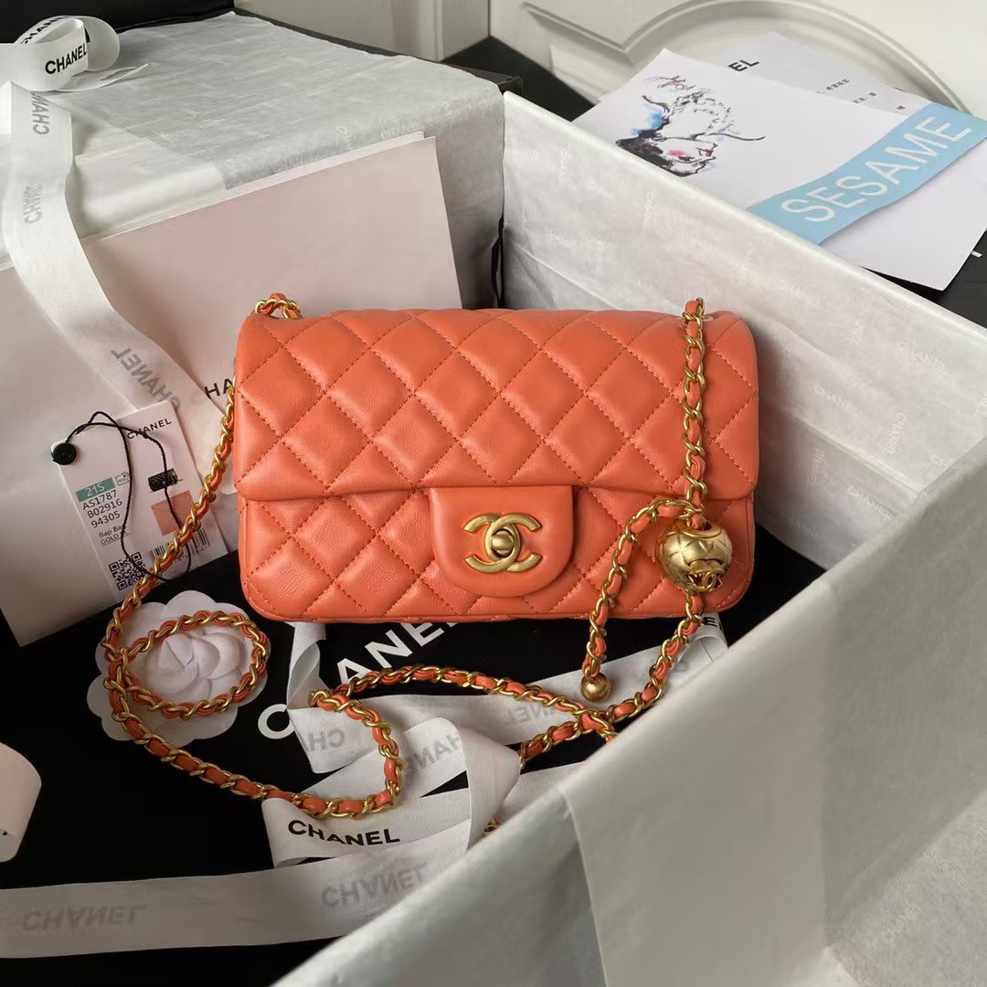 Replicate Chanel 23K AS1787 Mini Pearl Embossed Rectangular Flap Bag Lambskin Brushed Metal Hardware Orange(1:1 replica)