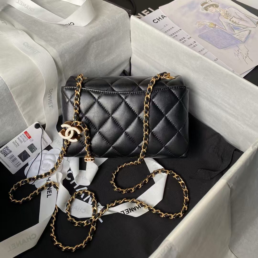 Replicate Chanel AS4973 Mini Flap Bag Shiny Lambskin Enamel Gold Metal Black(1:1 replica)