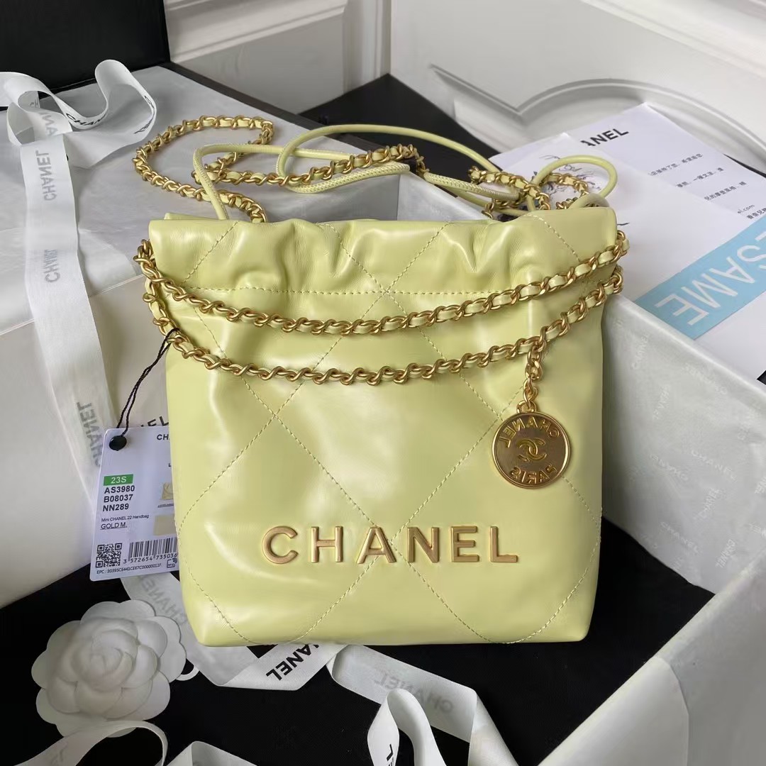 Replicate Chanel 22 AS3980 Mini Tote Shiny Calfskin Gold-Tone Metal Yellow(1:1 replica)