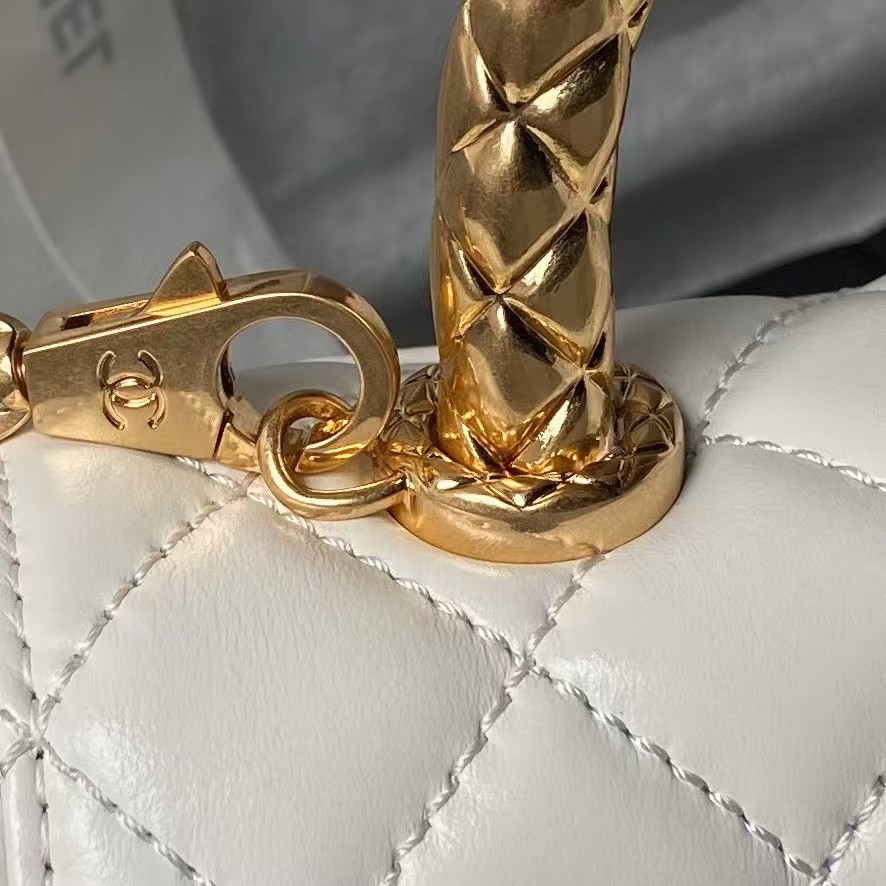 Replicate Chanel AS2215 Mini Flap Bag With Metal Top Handle Shiny Calfskin White(1:1 replica)