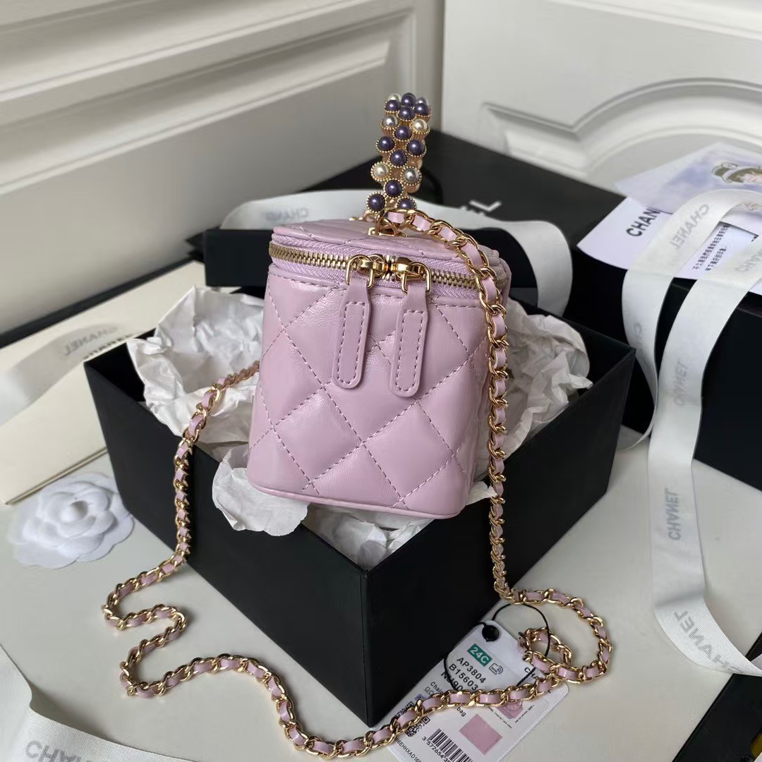 Replicate Chanel AP3804 Lambskin Cosmetic Bag With Pearl Handle Pink Purple(1:1 replica)
