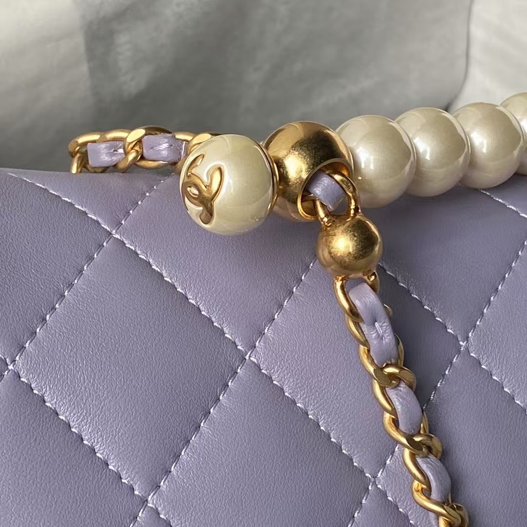 Replicate Chanel AS4997 Flap Bag With Top Handle Shiny Lambskin Imitation Pearls   Gold-Tone Metal Purple(1:1 replica)