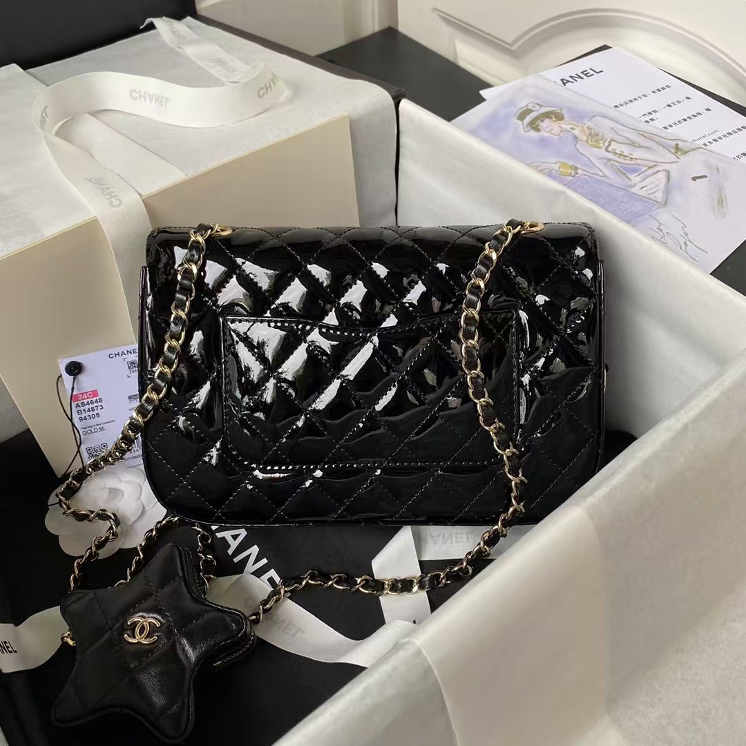 Replicate Chanel AS4648 Flap Bag Star Coin Purse Mirrored Calfskin Metallic Calfskin Gold Metallic Black(1:1 replica)