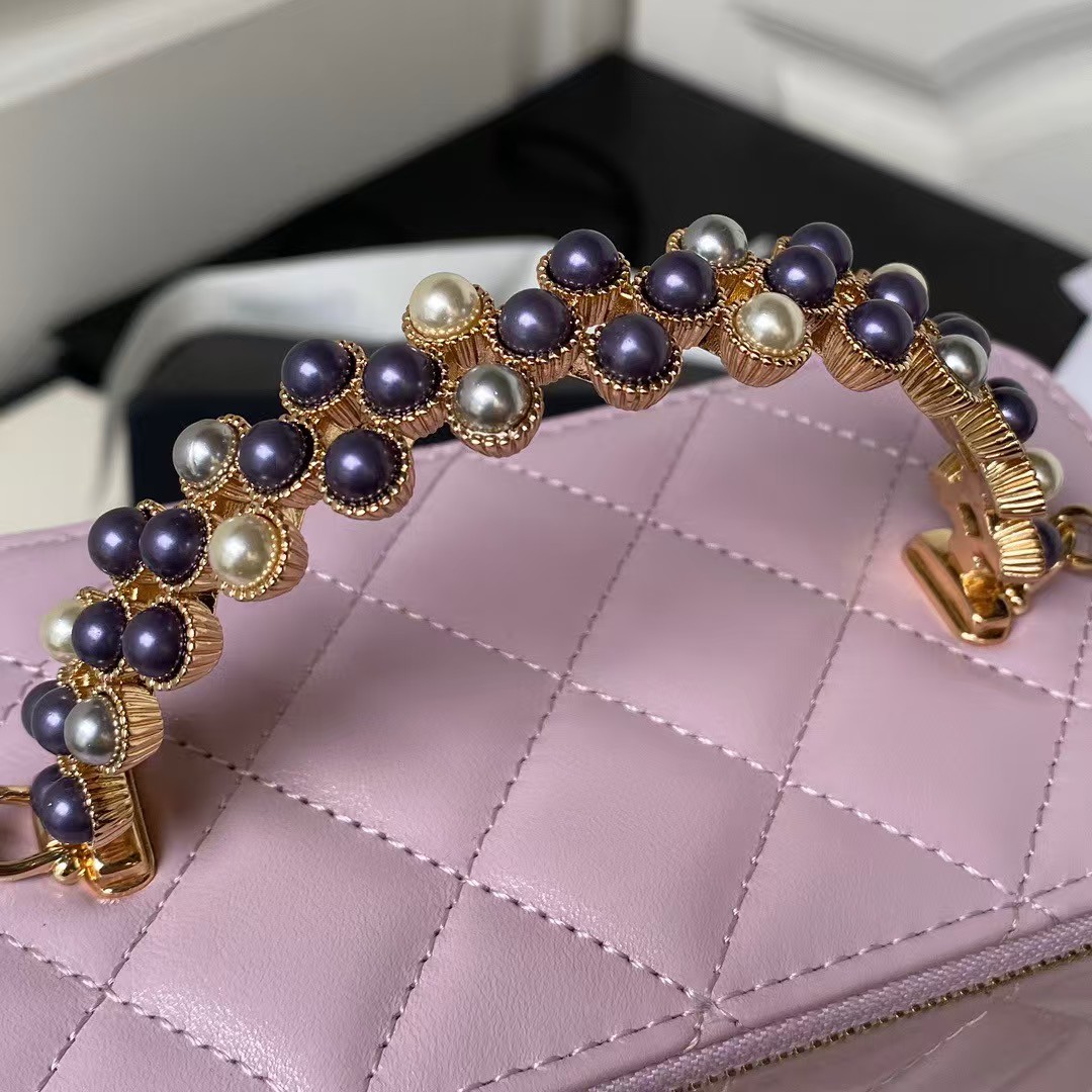 Replicate Chanel AP3804 Lambskin Cosmetic Bag With Pearl Handle Pink Purple(1:1 replica)