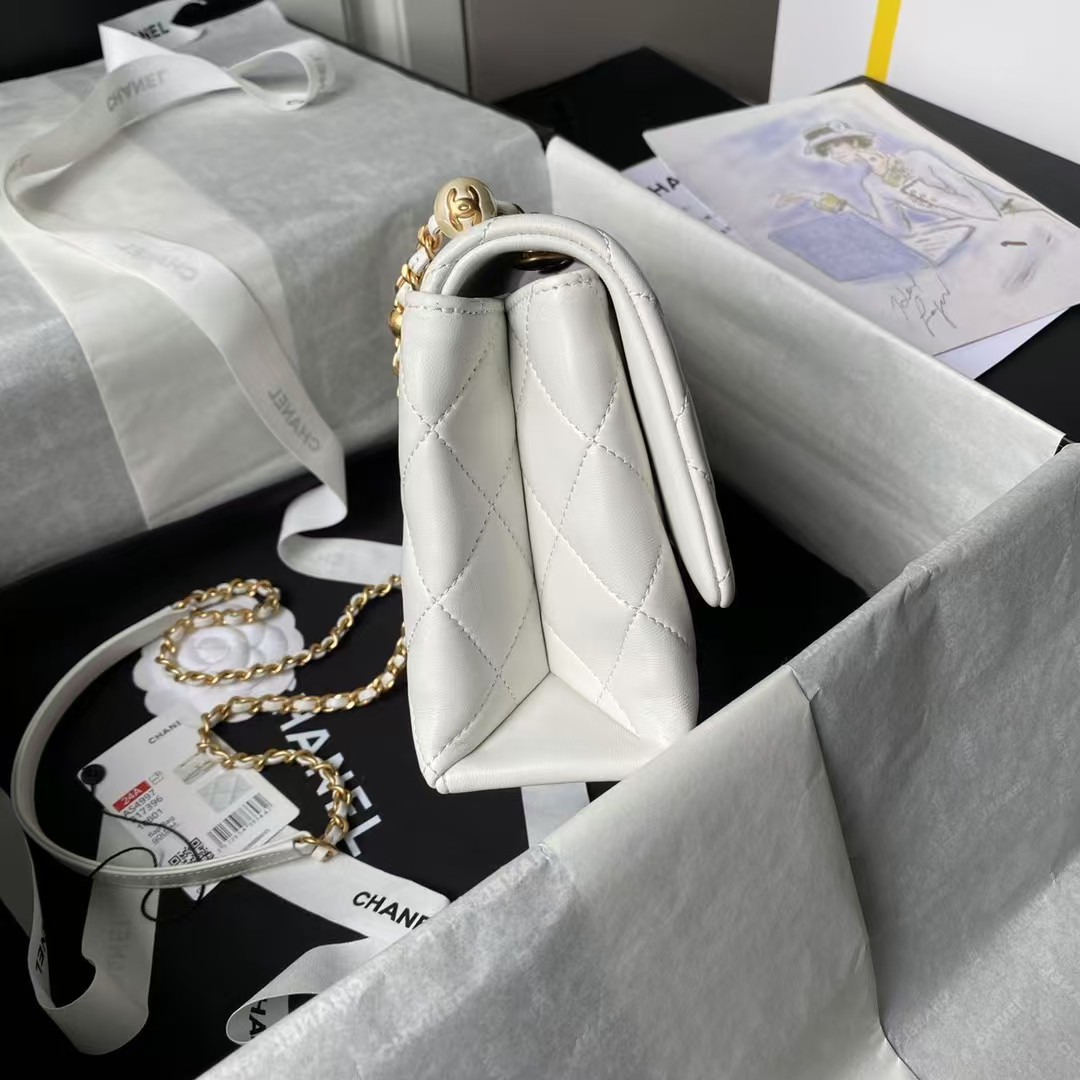 Replicate Chanel AS4997 Flap Bag Top Handle Shiny Lambskin Imitation Pearl   Gold Metal White(1:1 replica)