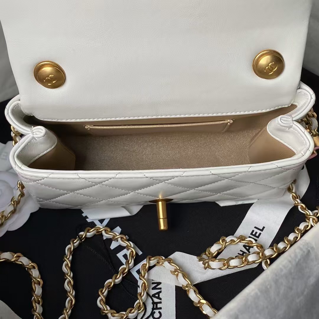 Replicate Chanel AS4973 Mini Flap Bag Shiny Lambskin Enamel   Gold-Tone Metal White(1:1 replica)