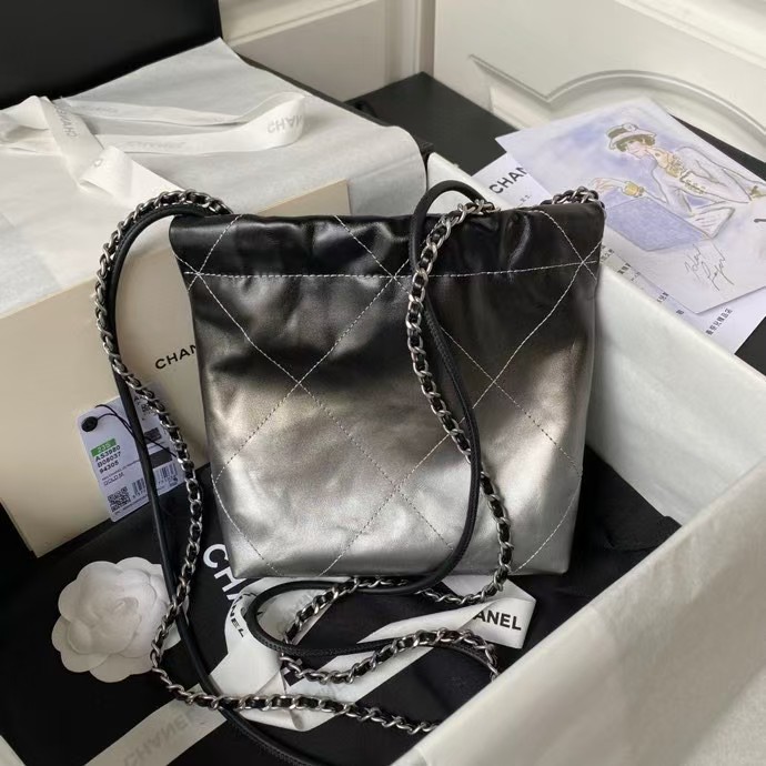 Replicate Chanel 22 AS3980 Mini Tote Shiny Calfskin Silver Metal Silver Black(1:1 replica)