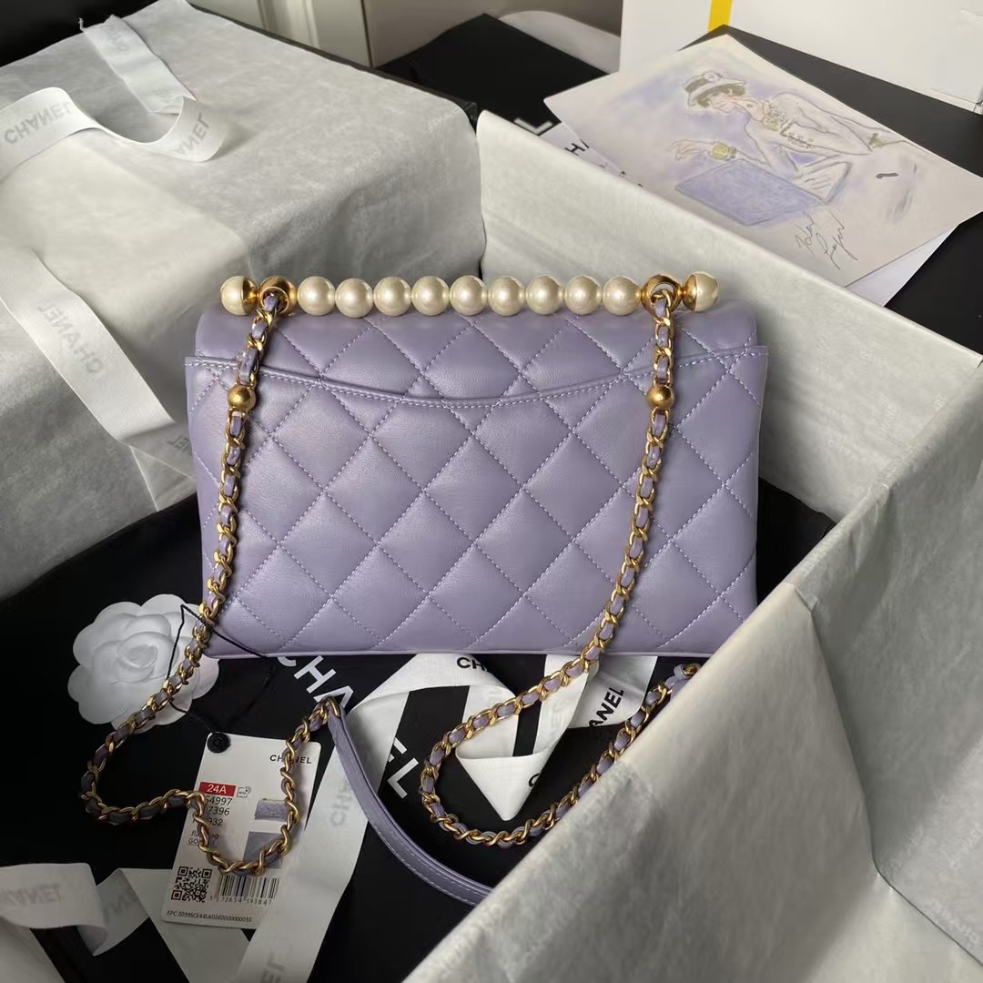 Replicate Chanel AS4997 Flap Bag With Top Handle Shiny Lambskin Imitation Pearls Gold-Tone Metal Purple(1:1 replica)
