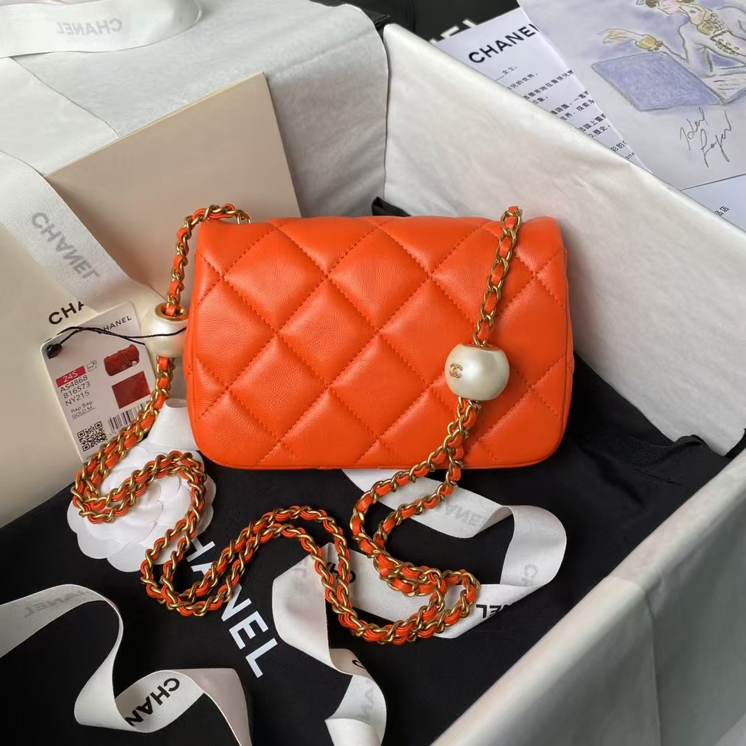 Replicate Chanel AS4868 Mini Flap Bag Pearl Lambskin Faux Pearl Gold Metal Orange(1:1 replica)