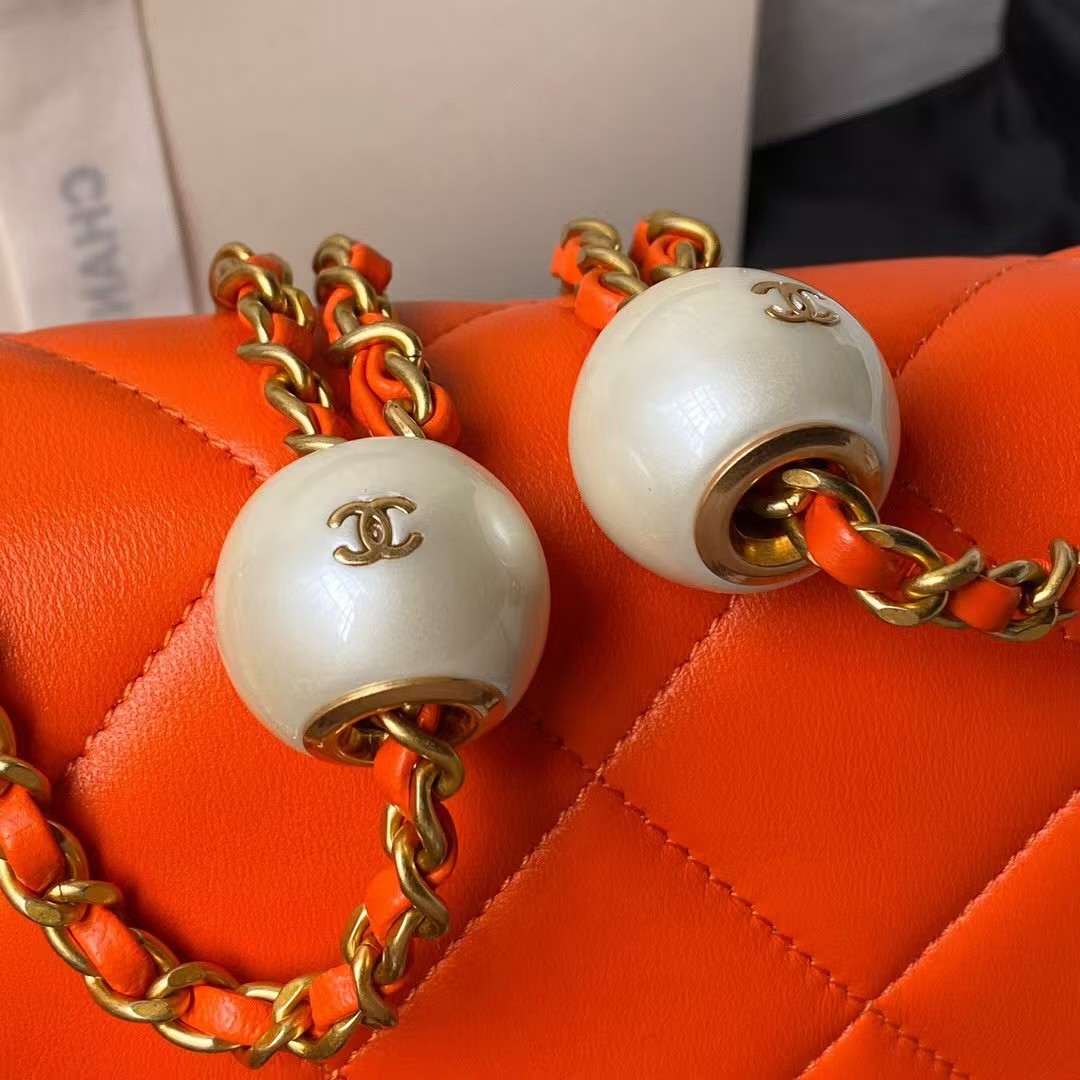Replicate Chanel AS4861 Small Flap Bag Pearl Lambskin Faux Pearl   Gold Metal Orange(1:1 replica)