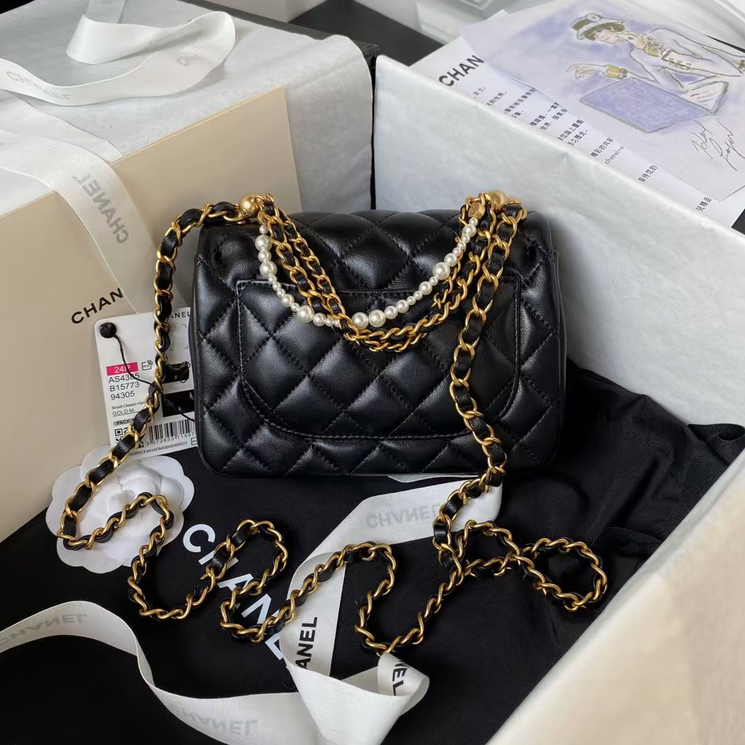 Replicate Chanel AS4385 Mini Flap Bag Pearl Lambskin Faux Pearl Gold Metal Black(1:1 replica)