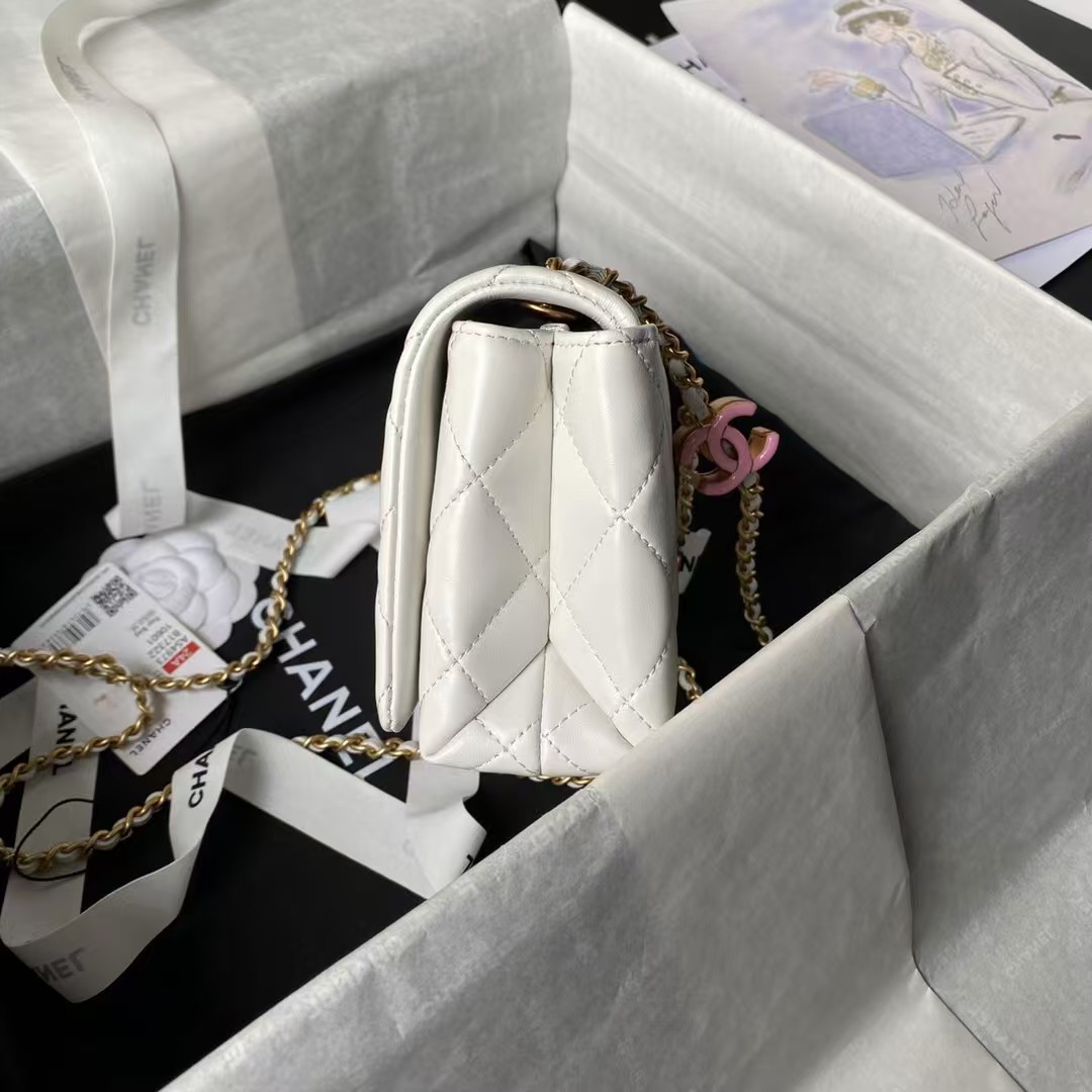 Replicate Chanel AS4973 Mini Flap Bag Shiny Lambskin Enamel   Gold-Tone Metal White(1:1 replica)