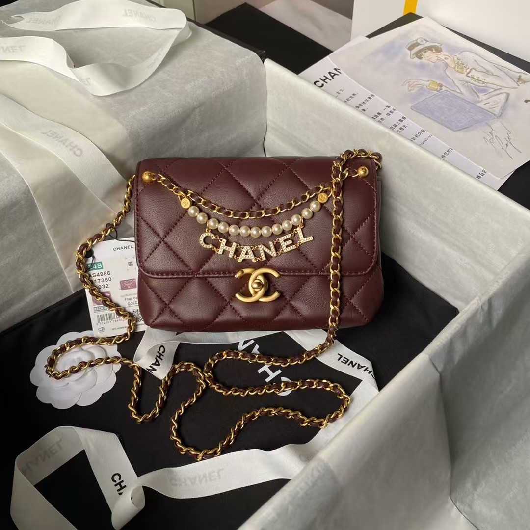 Replicate Chanel AS4986 Mini Flap bag Shiny Lambskin Imitation Pearls Gold-Tone Metal Wine Red(1:1 replica)