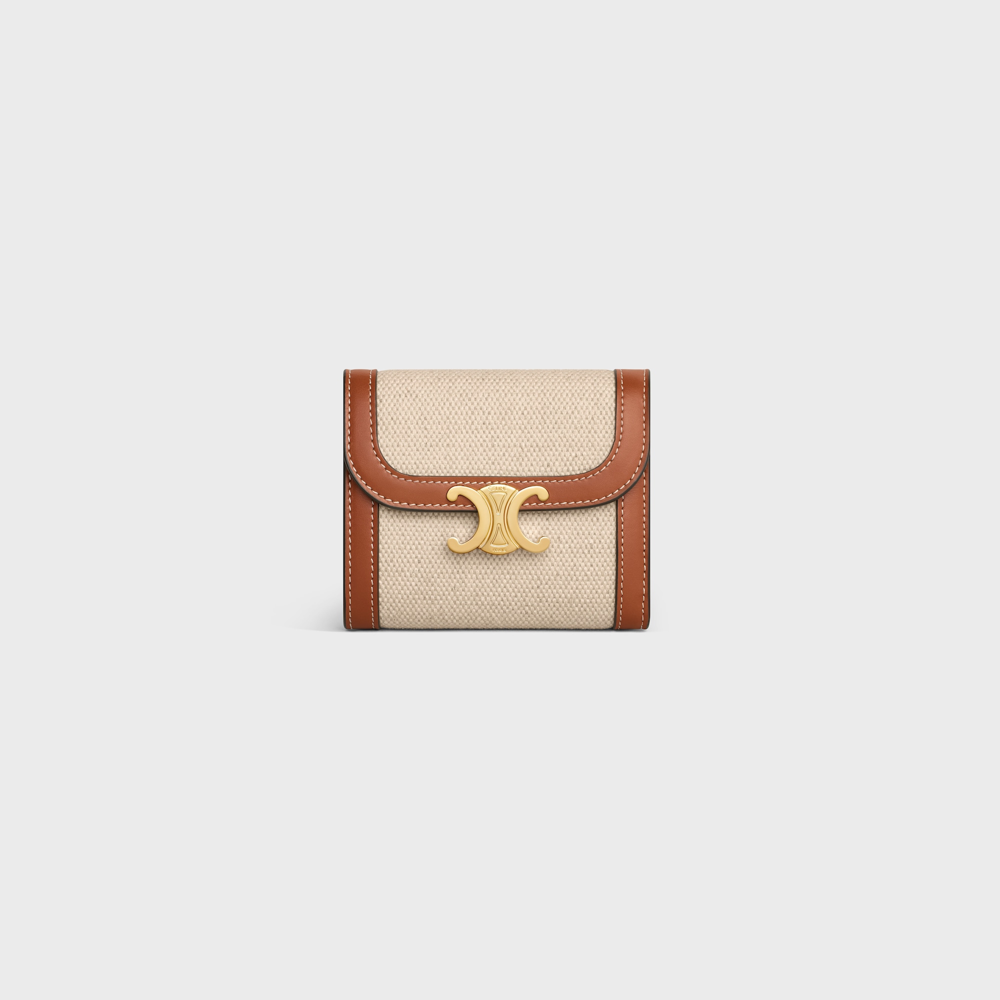 Replicate SMALL FLAP WALLET TRIOMPHE IN TEXTILE AND CALFSKIN NATURAL / TAN(1:1 replica)