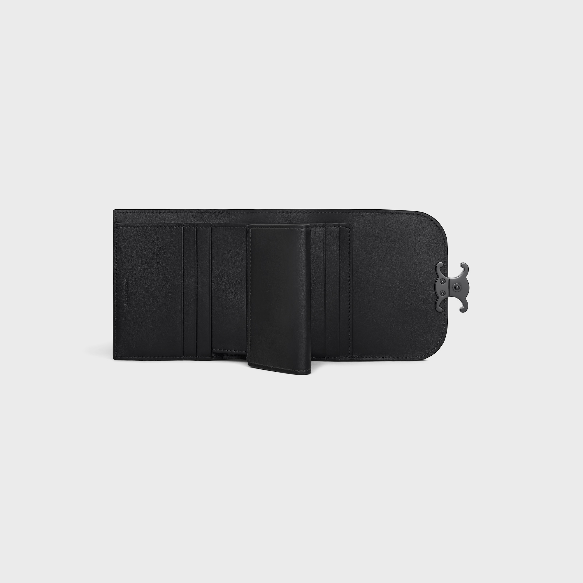 Replicate SMALL FLAP WALLER TRIOMPHE IN SHINY CALFSKIN BLACK / BLACK(1:1 replica)
