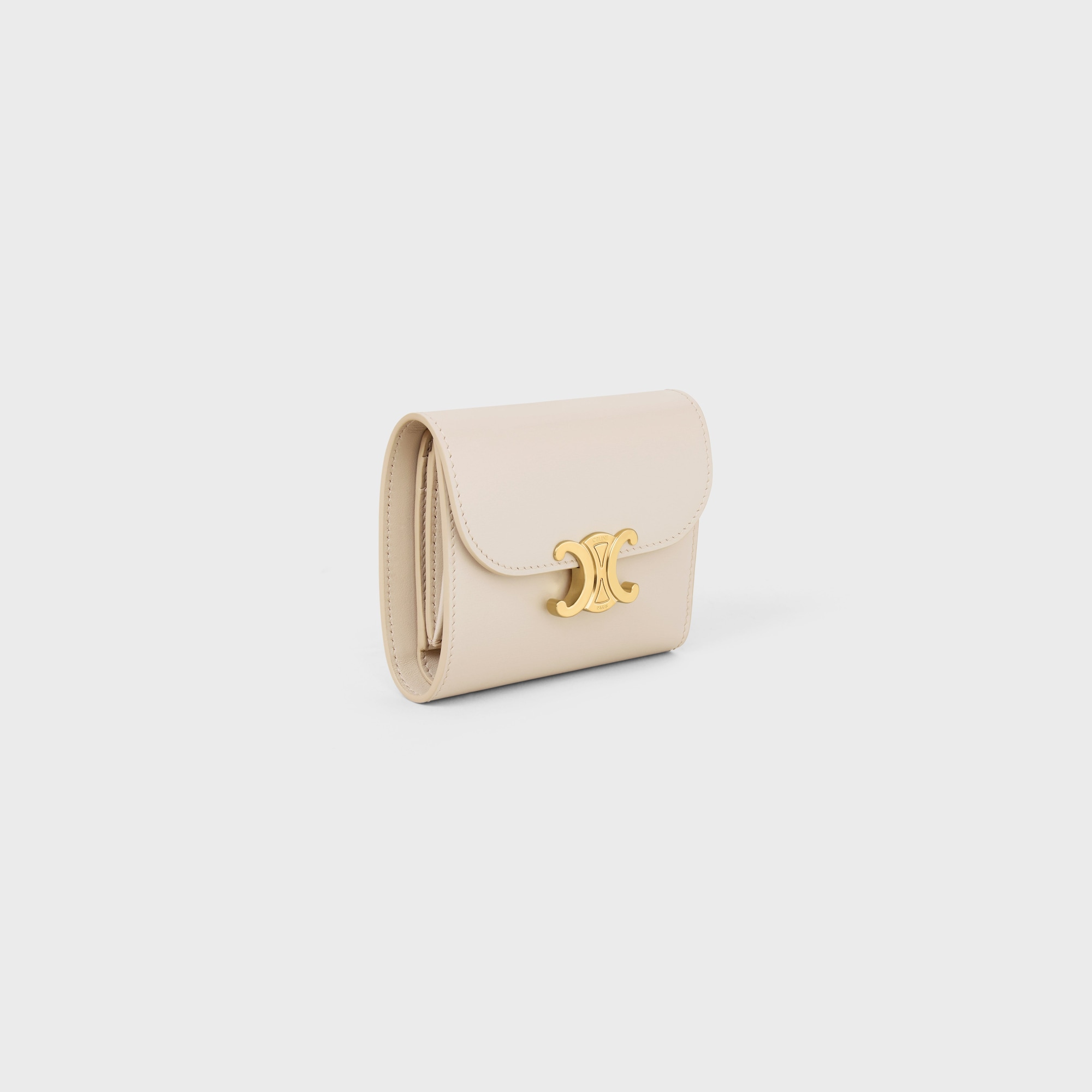 Replicate SMALL FLAP WALLER TRIOMPHE IN SHINY CALFSKIN PALE BEIGE(1:1 replica)