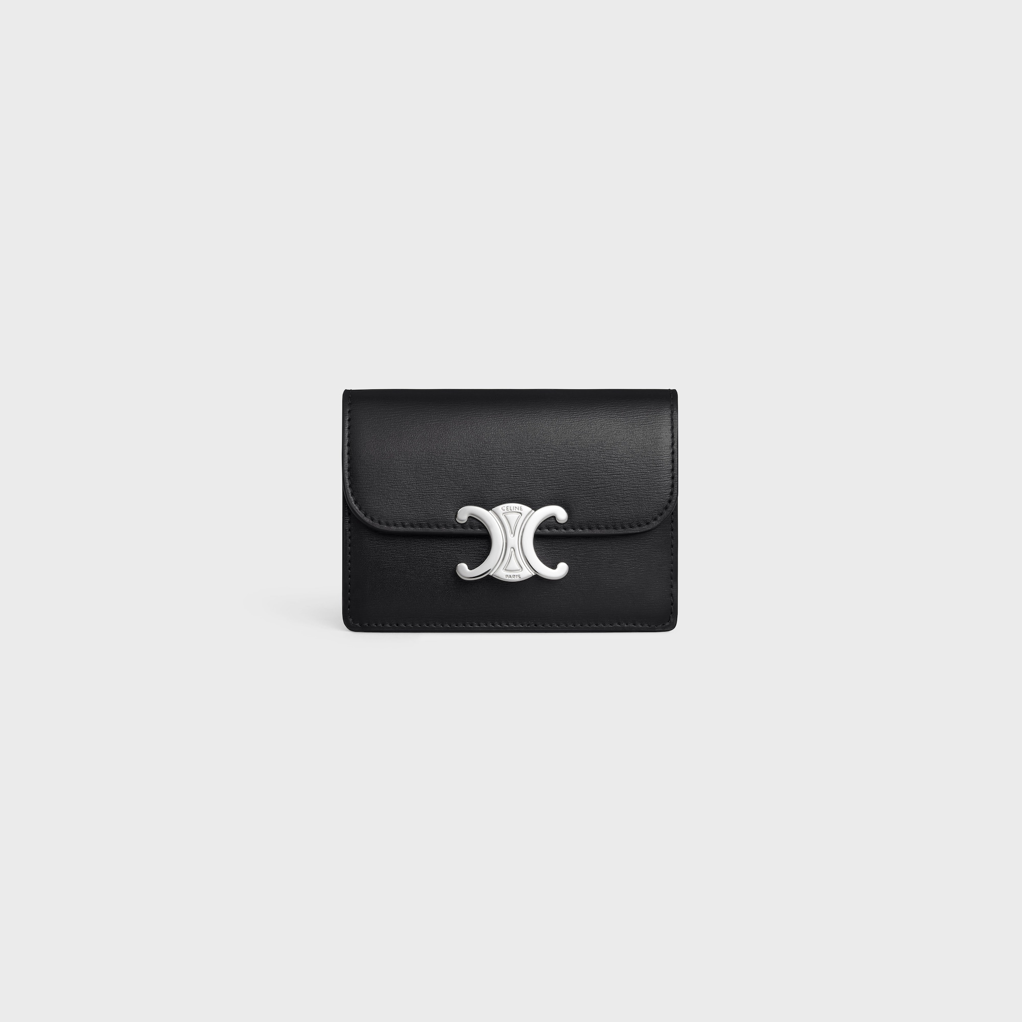Replicate CARD HOLDER WITH FLAP TRIOMPHE IN SHINY CALFSKIN BLACK(1:1 replica)