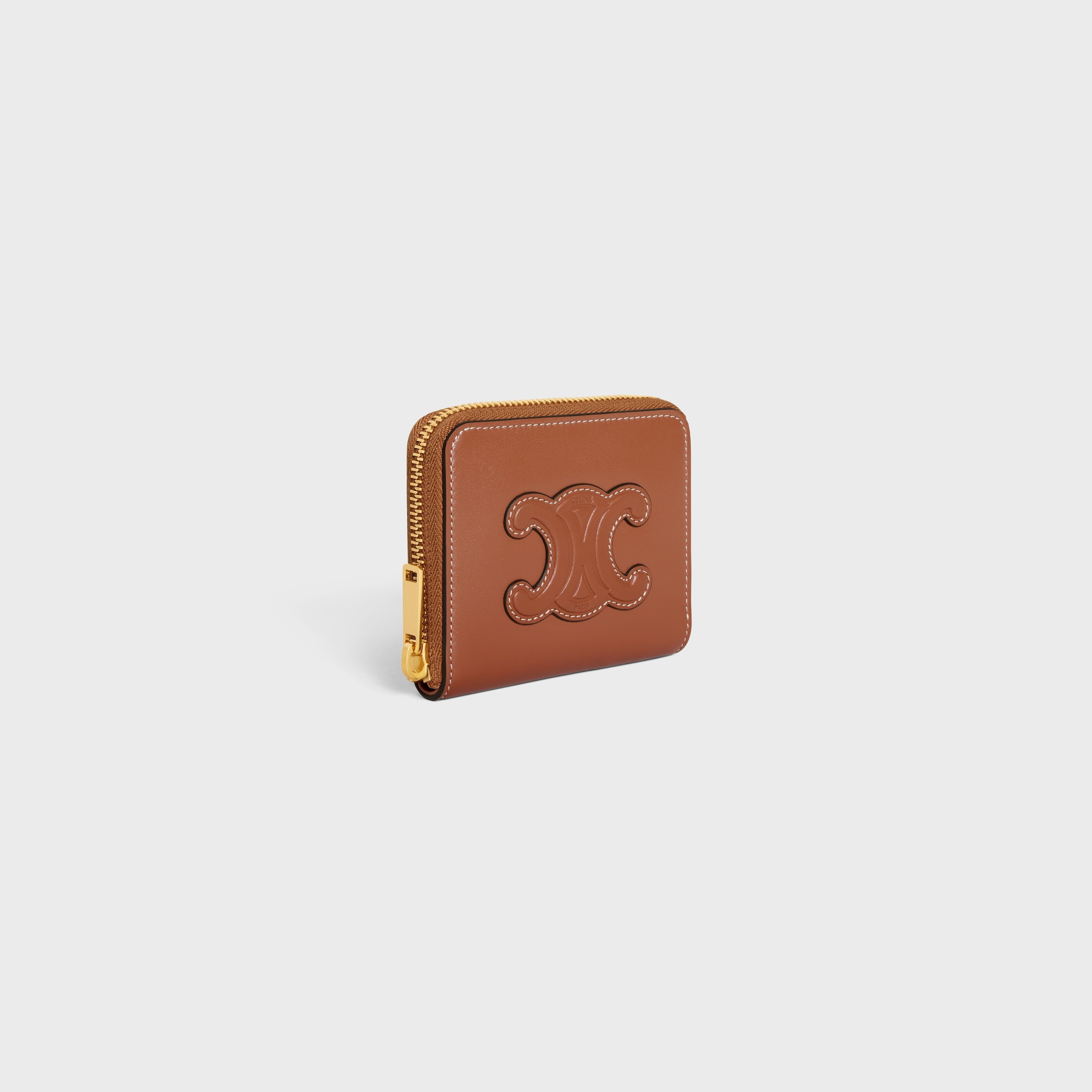 Replicate COMPACT ZIPPED WALLET CUIR TRIOMPHE IN SMOOTH CALFSKIN TAN(1:1 replica)