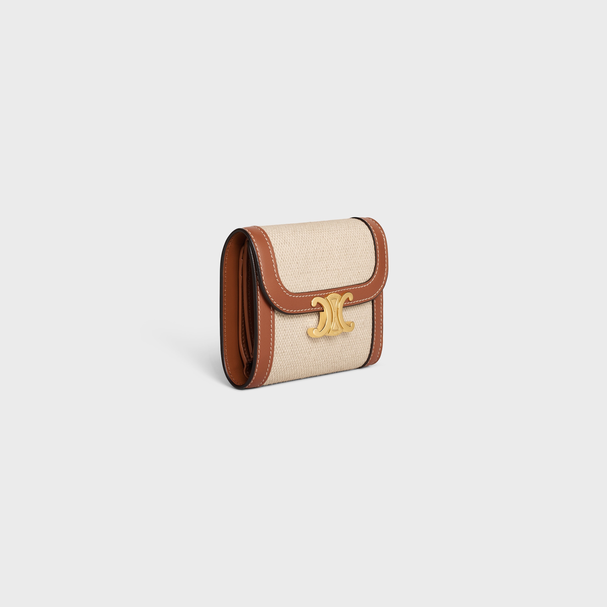Replicate SMALL FLAP WALLET TRIOMPHE IN TEXTILE AND CALFSKIN NATURAL / TAN(1:1 replica)