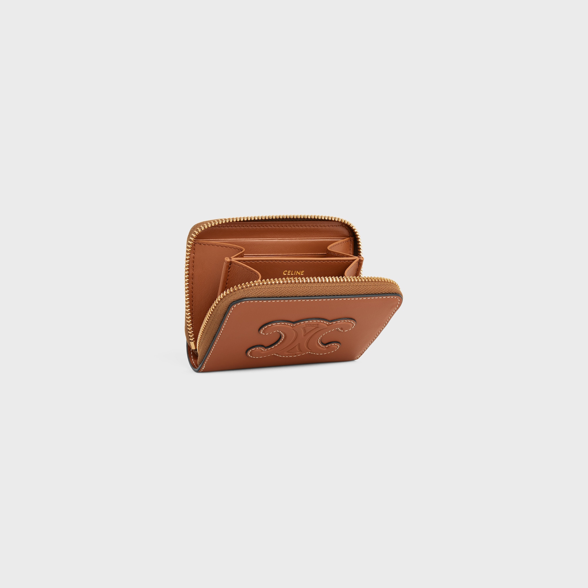 Replicate COMPACT ZIPPED WALLET CUIR TRIOMPHE IN SMOOTH CALFSKIN TAN(1:1 replica)