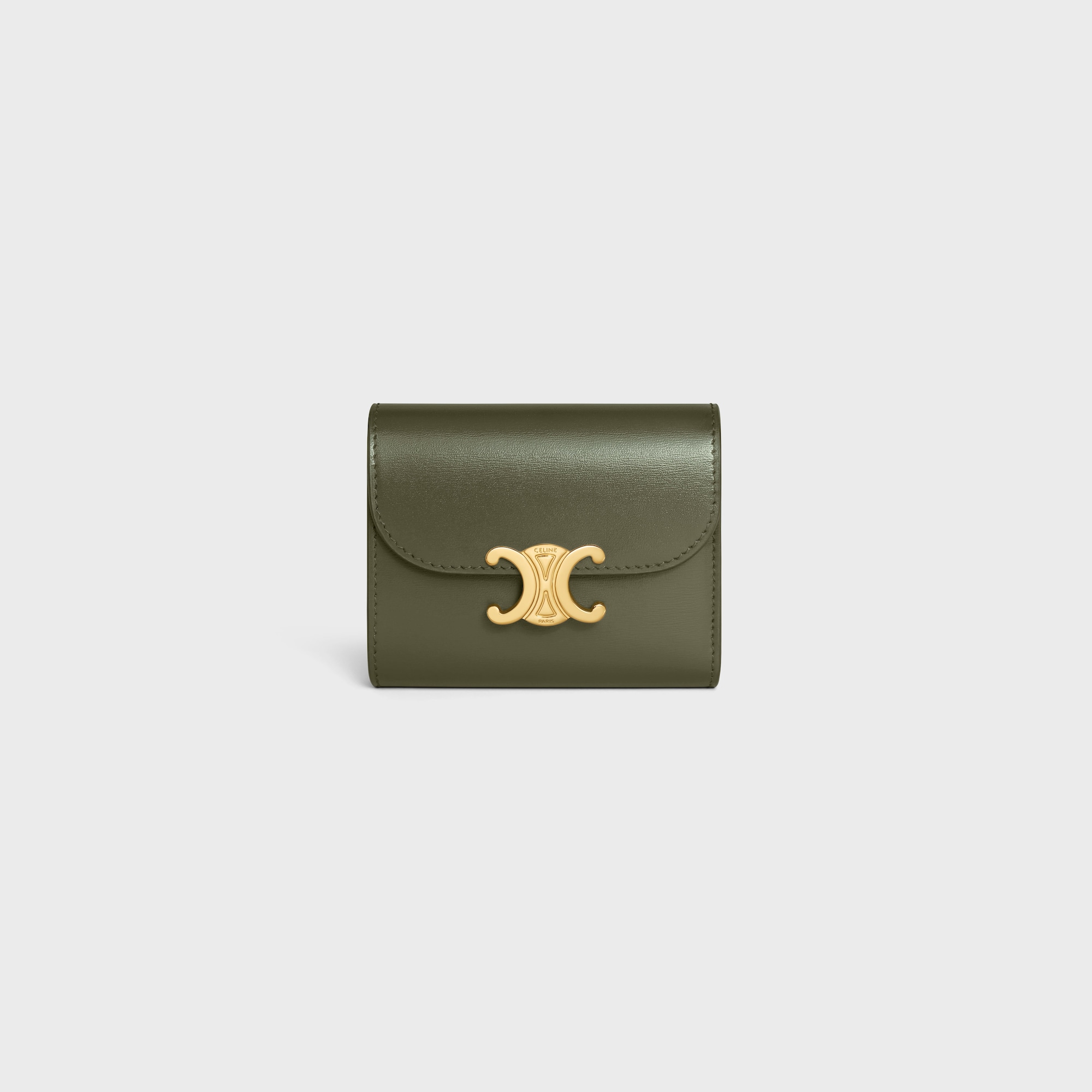Replicate SMALL FLAP WALLER TRIOMPHE IN SHINY CALFSKIN DARK OLIVE(1:1 replica)