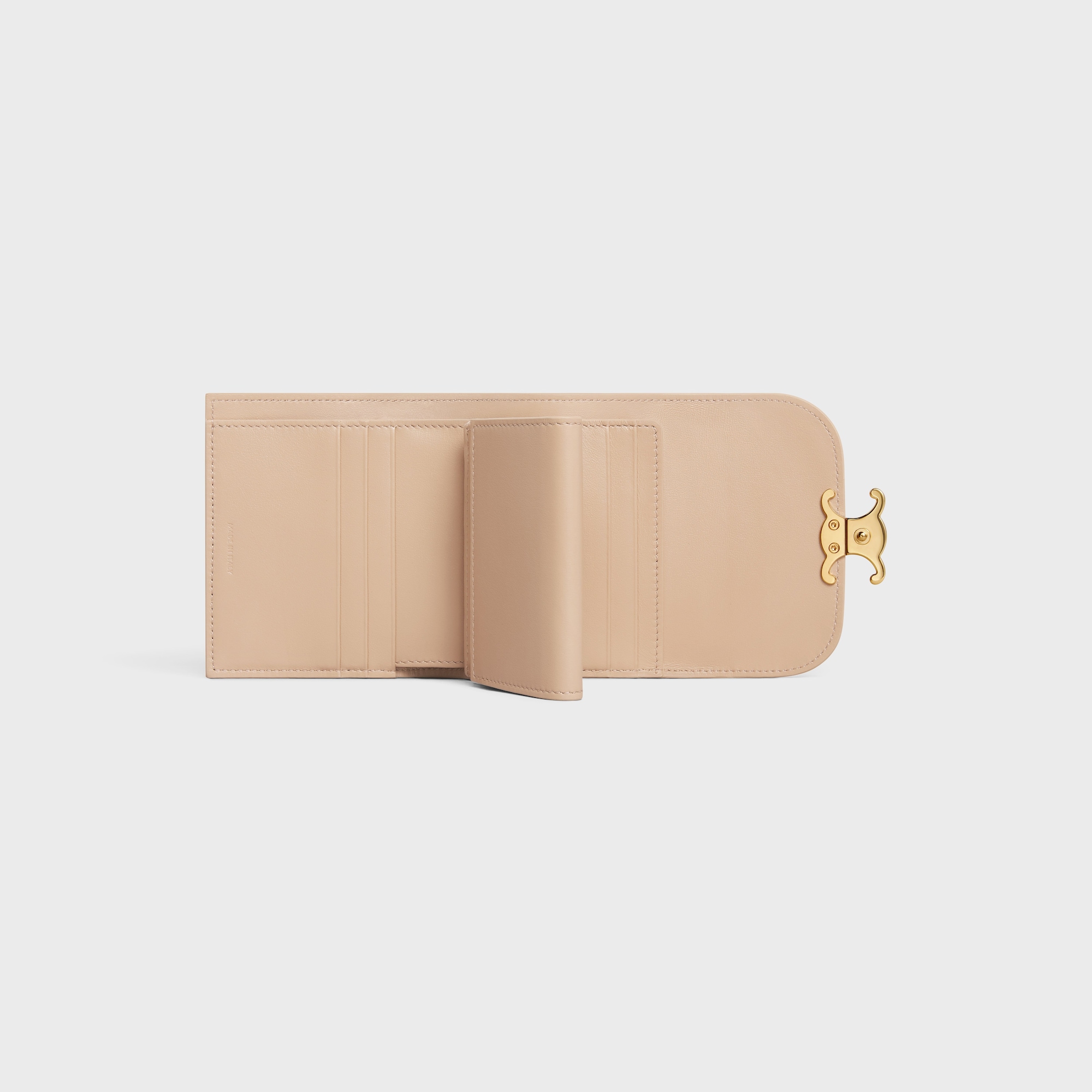 Replicate SMALL FLAP WALLER TRIOMPHE IN SHINY CALFSKIN OAT BEIGE(1:1 replica)