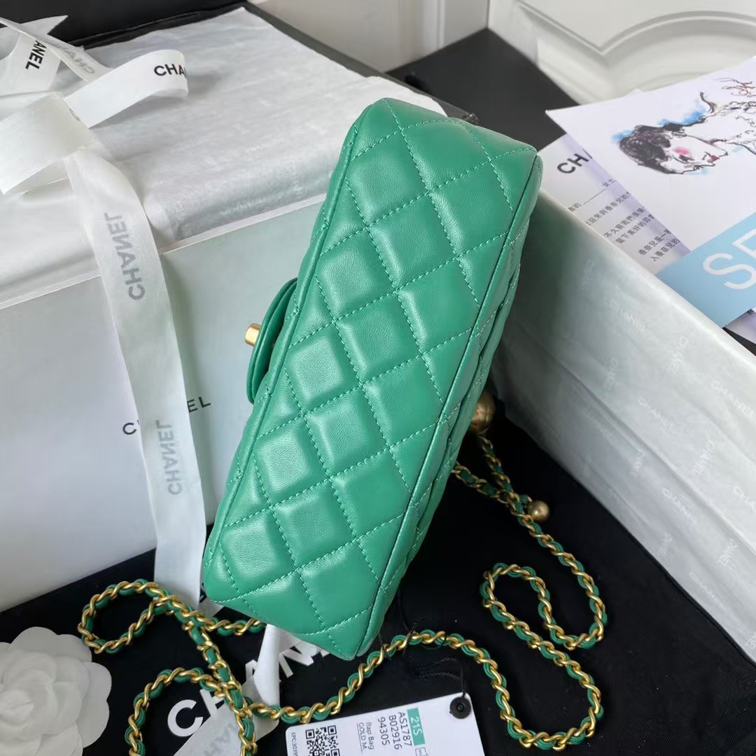 Replicate Chanel 23K AS1787 Mini Pearl Embossed Rectangular Flap Bag Lambskin Brushed Metal Hardware Green(1:1 replica)