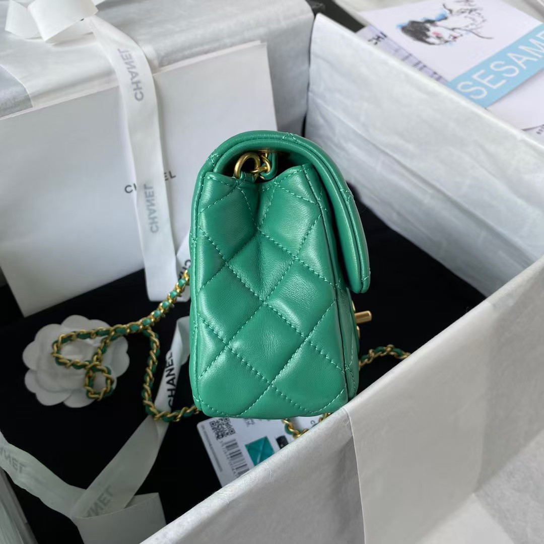 Replicate Chanel 23K AS1787 Mini Pearl Embossed Rectangular Flap Bag Lambskin Brushed Metal Hardware Green(1:1 replica)