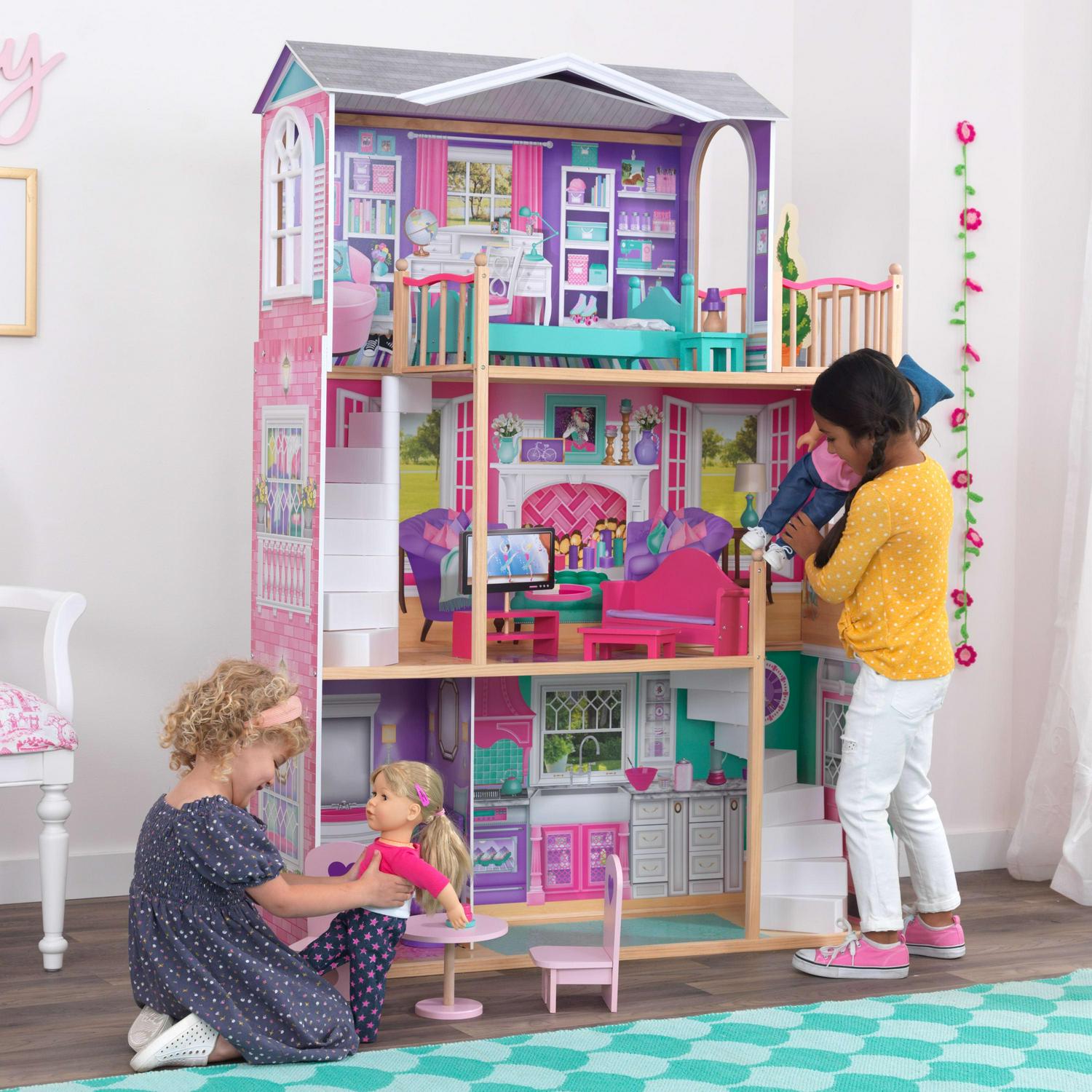 KidKraft 18-Inch Wooden Dollhouse Manor, 3-Level, 12-Piece Furniture, Fits 18′′ Dolls, Over 5ft Tall