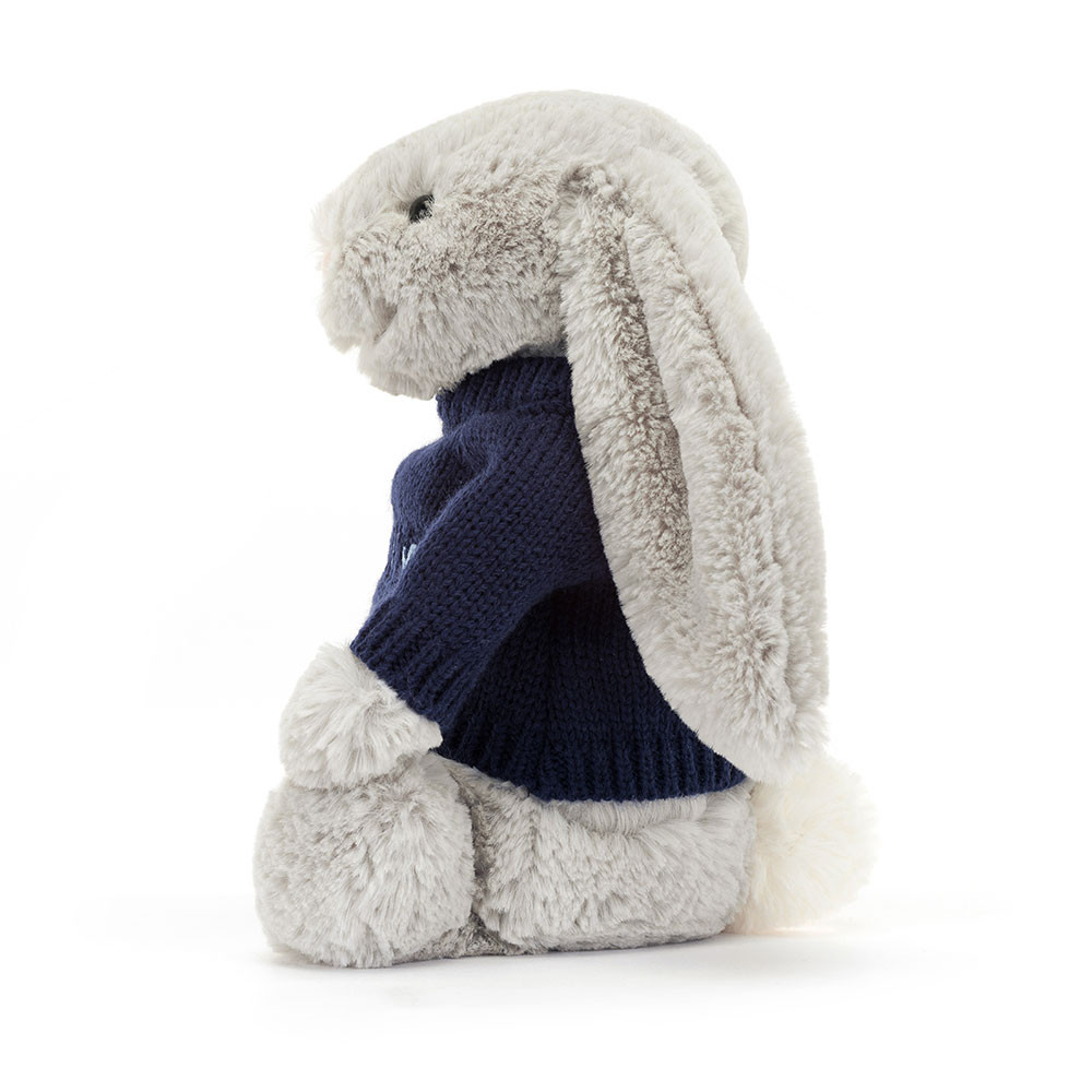 Bashful Silver Bunny With Personalised Navy Jumper
