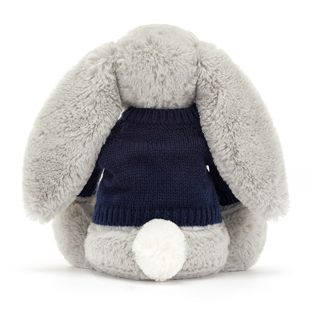 Bashful Silver Bunny With Personalised Navy Jumper