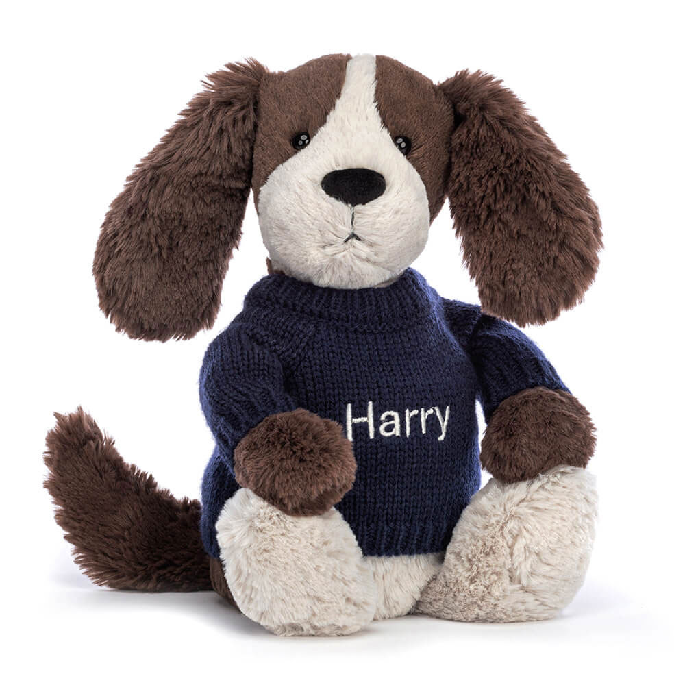 Bashful Fudge Puppy With Personalised Navy Jumper